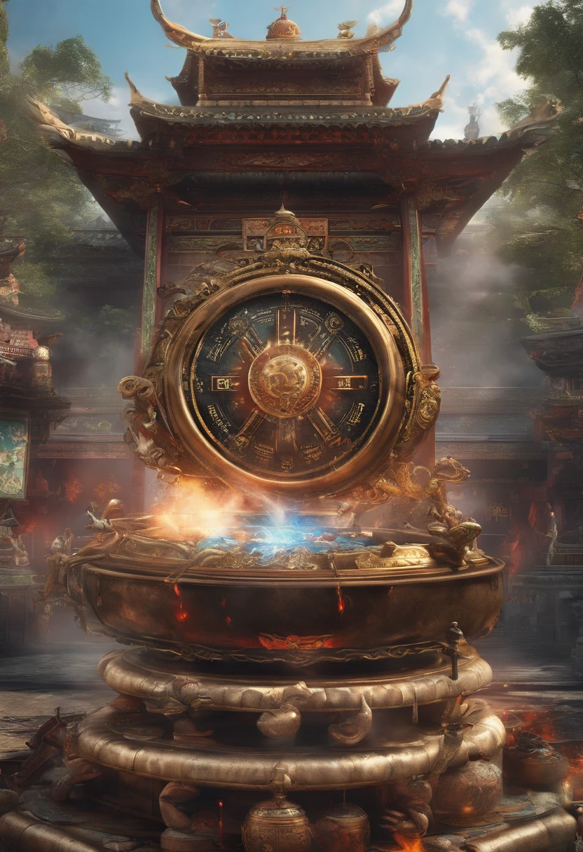 (Best quality,4K,8K,A high resolution,Masterpiece:1.2),Ultra-detailed,(Realistic,Photorealistic,photo-realistic:1.37),Chinese Taoist compass, Burning Chinese talismans, Mahogany sword, The Conjuring Bell，Circle in a circle, Enigmatic Atmosphere, Vibrant colors, Ethereal lighting