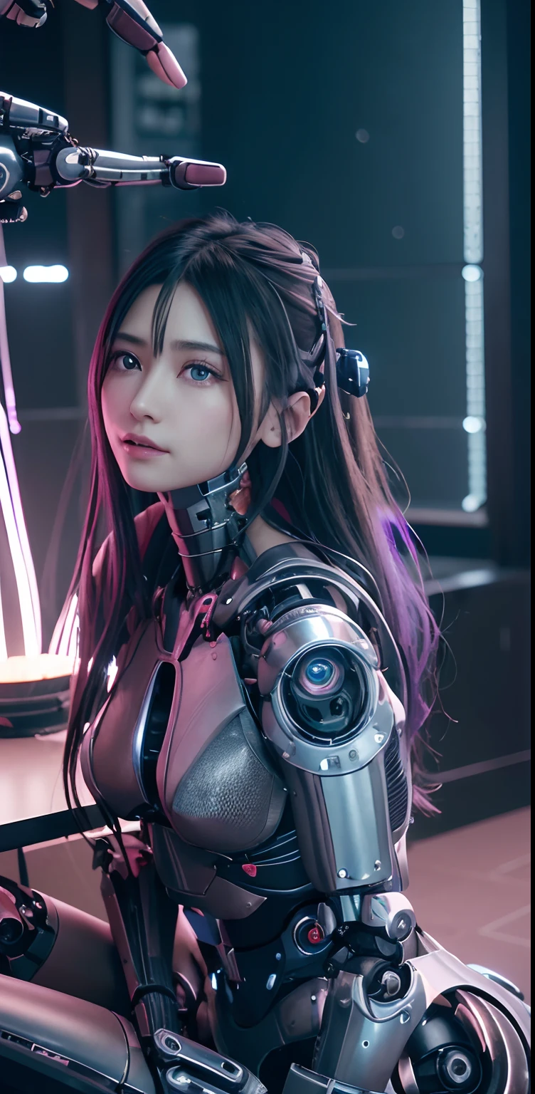 top-quality、masterpiece、超A high resolution、(Photorealsitic:1.4)、((a beauty girl:1.6)), 1 full-body cyborg girl、、NOhumans、((The skin part is only the face)), Luminous Eyes、((Lots of split metal chest protectors)), Metal Robot、((The whole body is the body of a combat robot))、((Body parts are robot parts:1.8))、((The internal mechanisms of the chest are exposed)), ((Mechanical chest armor with LED indicators and meters)), Robot arms and legs、((Exposed metal skeleton of the abdomen))、Metal skeleton of the cervical region、Under repair、destroyed body、Metal Mechanical Bra、Full Body Metal Skin、Metal bodysuit、Metal scales covering the whole body、body made of metal、Whole body metal、a beauty girl、prosthetic hand、artificial leg、Full body cyborg、Exposed metal skeleton、Asian Beauty、cyberpunked、steampunc、Inside the futuristic space battleship、laboratory、Complex 3d rendering beautiful porcelain profile ultra detailed female type android face、dark brown hair、glowy skin、((super realistic details))、portlate、globalillumination、Shadow、octan render、metals、Details of complex ornaments、Japan details、highly intricate detail、Realistic light、CGSoation Trends、a purple eye、radiant eyes、Facing the camera、neon details、Mechanical limbs、blood vessels connected to tubes、Mechanical vertebrae attached to the back、mechanical cervical attaching to neck、sitting on、Wires and cables connecting to the head、Gundam、Small LED lamp、masterpiece、 Metal Robot、body made of metal、Whole body metal、prosthetic hand、artificial leg、Full body cyborg、Exposed metal skeleton、Asian Beauty、cyberpunked、steampunc、Futuristic cities、laboratory、Complex 3d rendering beautiful porcelain profile super detailed female android face、cyborgs、roboticparts、150mm、beautiful studio soft light、Rim Lights、vibrant detail、luxuriouscyberpunk、Ren Hao、surrealistic、Anatomical、face muscles、cable electric wires、microchips、elegent、beatiful backgrounds、octan render、HR Giger Style、8K、top-quality、masterpiece、illustratio、extremely delicat