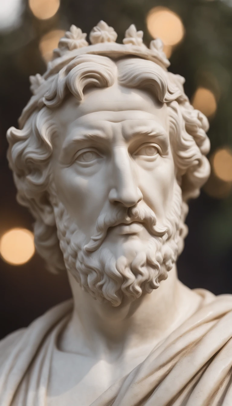 A marble sculpture of Marcus Aurelius with very angry face landscape, illuminated by a single spotlight against a black background, fundo sombrio, Moody, , fotorrealista, thoughtful movie dinner, super detalhada, hiper realista, pouca luz, 8K