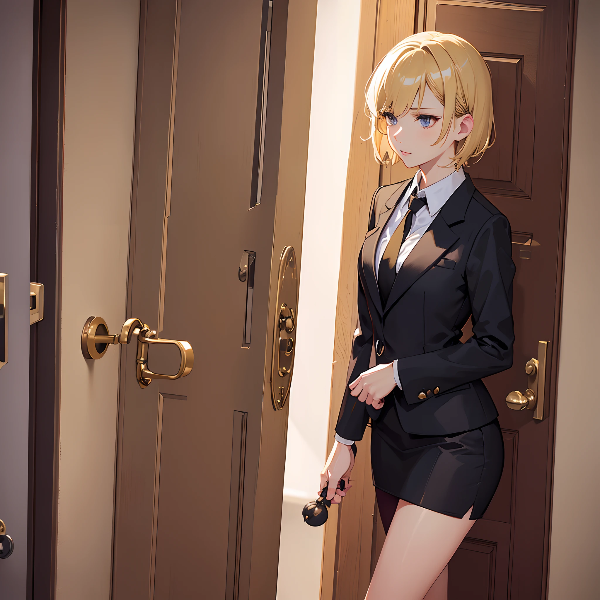 1girll,(short blonde hair:1.6),Business suit,Skirt that wraps hips,black short socks,Mature and beautiful and sexy,Rich and noble families,In the corridor of the villa,(Knocking on the door:2),facing away from the audience,seductive, Ultra-detailed CG,Exquisite facial features,Clear facial expressions,Detailed digital anime art,Digital anime art,High quality anime art style