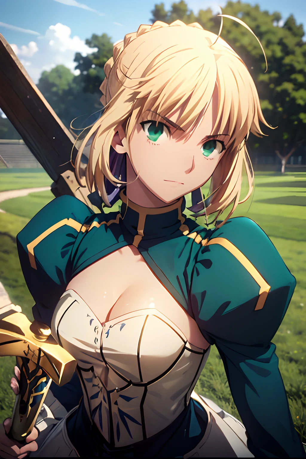 masterpiece, best quality, highres, bbsaber, green eyes, ahoge, field, standing, sword, excalibur \(fate/stay night\), outdoors, cleavage