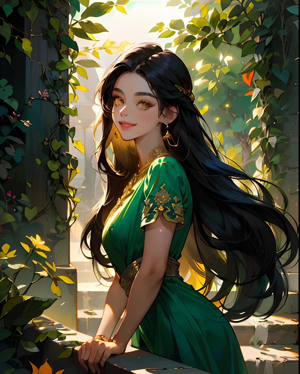 oil paiting, (woman, dark skin, gold_eyes, black long hair, in green luxury_dress, blue and gold jewelry, locking at viewer, sidelocks, smiling), (botanical, stair, leaf, flower background), (intricate, Cinematic lighting, glowing, dramatic lighting, beautiful detailed glow, masterpiece, best quality)
