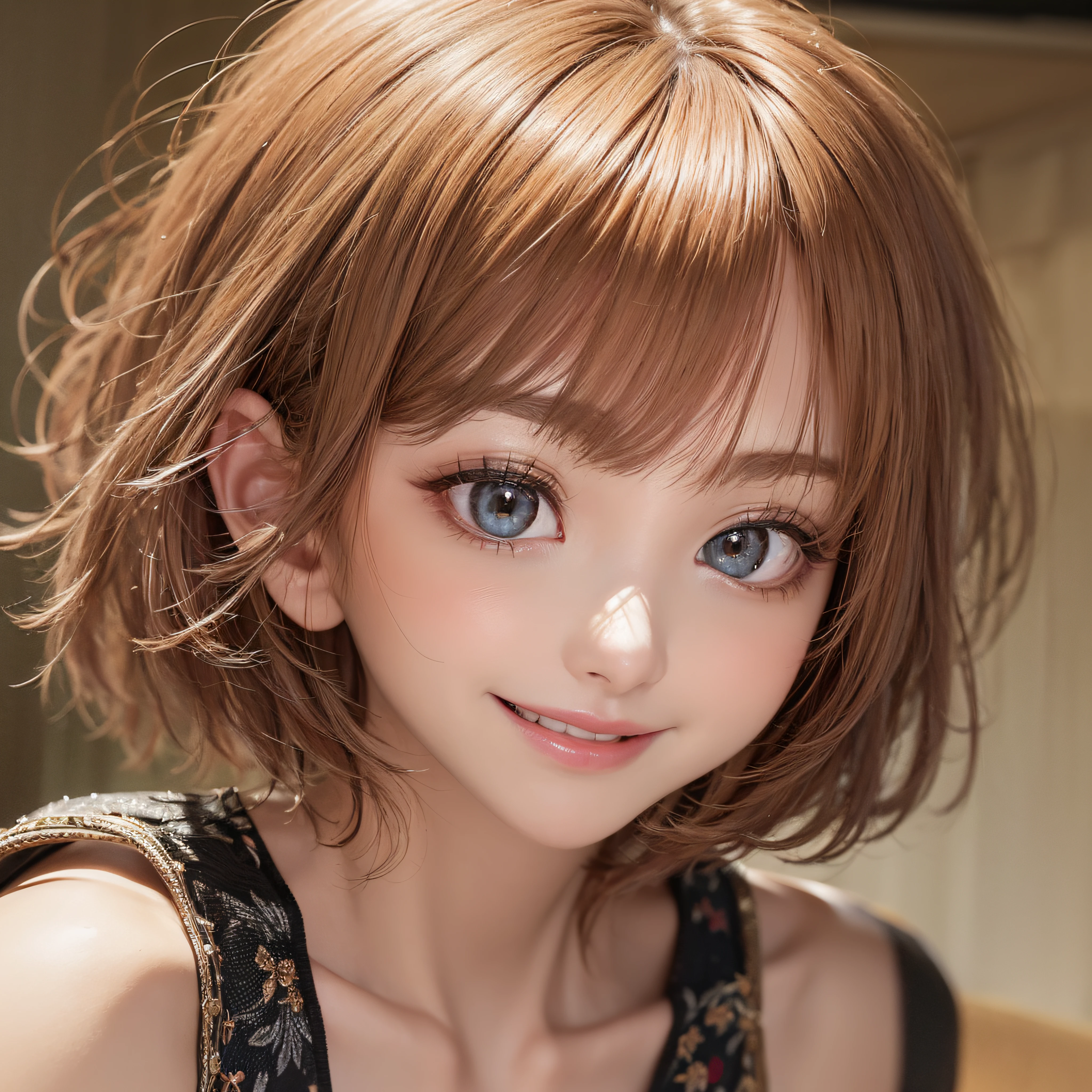 laugh face、The upper part of the body、Camisole、Mare、short-hair、Facing the front、super model、makeup、Glossy lips、Shining eyes、(realisitic、hight resolution)、(1 girl in)、Do-Up Eye、Korean Girl、(Best Quality), (masutepiece), (1girl in), Solo, a beauty girl, Perfect face, Highly detailed airbrush art((Surreal))、Volumetric lighting、(top-quality)、The ultra-detailliert、Highly detailed colorful details、(Bright lighting)、Her eyes are shining、Her face is full of anticipation and courage for adventure.、A smile comes to her lips、An air full of smiles and adventurous spirit、
