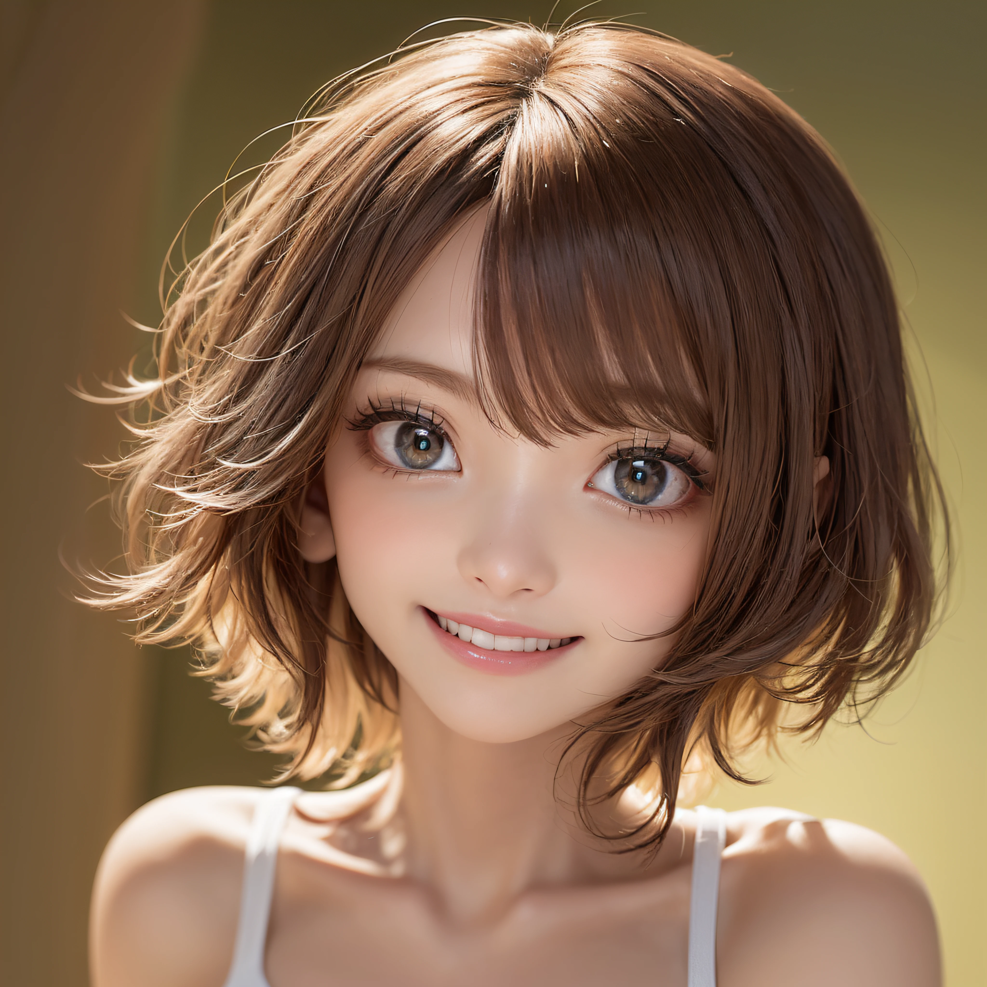 Close-up of laughing face、camisole、short-hair、Facing the front、super model、makeup、Glossy lips、Shining eyes、(realisitic、hight resolution)、(1 girl in)、Do-Up Eye、Korean Girl、(Best Quality), (masutepiece), (1girl in), Solo, a beauty girl, Perfect face, Highly detailed airbrush art((Surreal))、Volumetric lighting、(top-quality)、The ultra-detailliert、Highly detailed colorful details、(Bright lighting)、Her eyes are shining、Her face is full of anticipation and courage for adventure.、A smile comes to her lips、An air full of smiles and adventurous spirit、