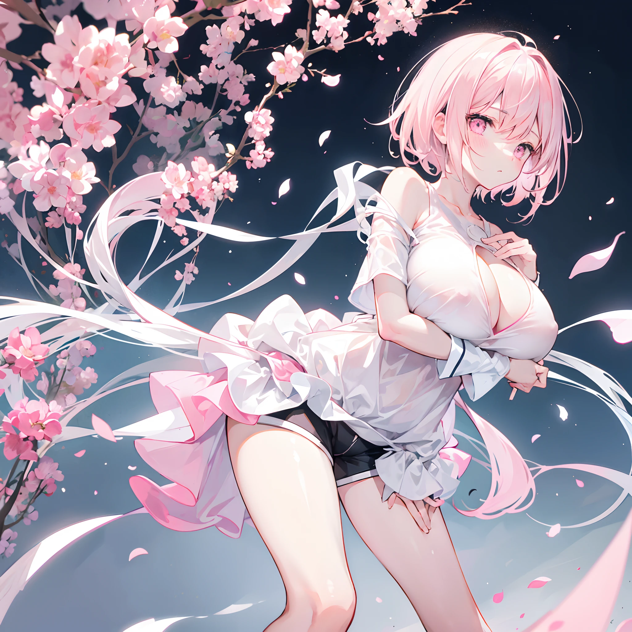 Light white pink short hair scattered，Microvolumes，dual horsetail，Pink eyes，White off-the-shoulder short sleeves，Protruding ，Black sports shorts，A sad expression，Place one hand on your chest，huge tit