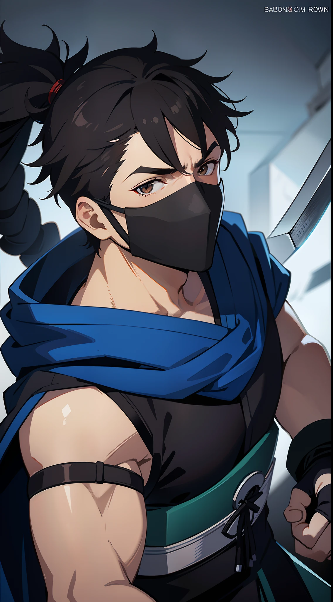 Grown-up guy, short black hair, high ponytail, Brown eyes, mask, blue shinobi kimono, Sleeveless, Sub-Zero, cold, ice, blizzard, battle axe, Masterpiece, hiquality, 4k, HD, Good detail