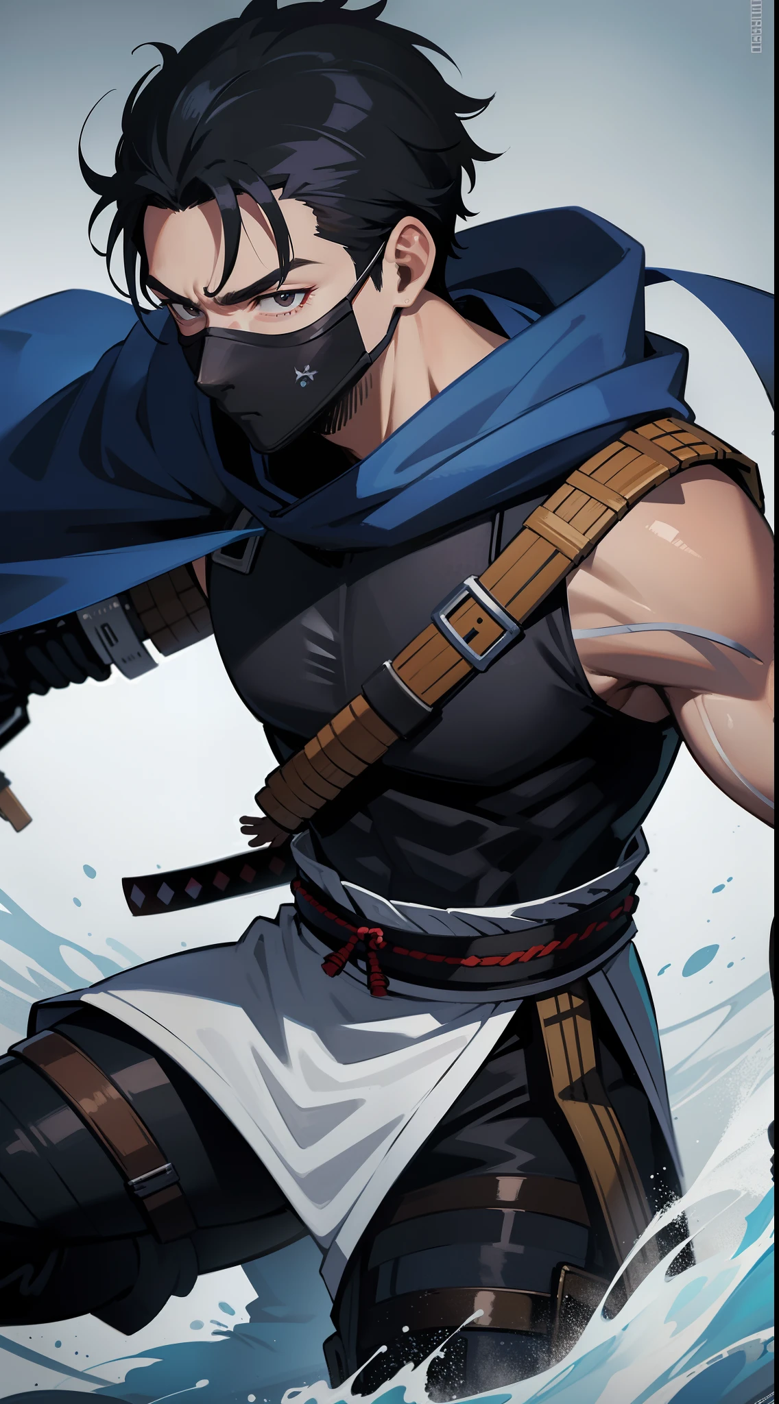 Grown-up guy, short black hair, high ponytail, Brown eyes, mask, blue shinobi kimono, Sleeveless, Sub-Zero, cold, ice, blizzard, battle axe, Masterpiece, hiquality, 4k, HD, Good detail