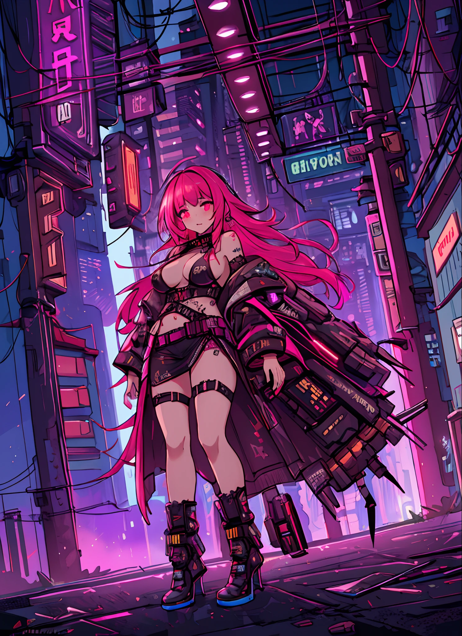 (an artistic photograph of a cyberpunk prostitute),full body shot, centered, (extremely detailed:1.2), (intricate neon slums in the background:1.1), hyper-detailed, (soft lighting:1.2), high resolution, filmic grain.