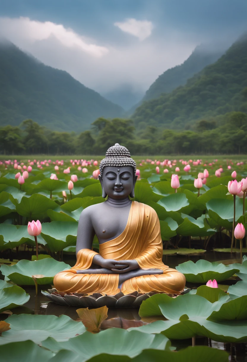 ((Real life Buddha )) on lotus throne among the lotus field, refreshing in water,((not statue, real person Buddha)) super realistic, , matte painting, detailed scenery , style raw, 8 k ultra detailed, environment design illustration, scenery art detailed, concept-art, 4k highly detailed digital art, 4 k digital painting, stunning digital illustration, flowers background, digital painting concept art, Detailed digital painting