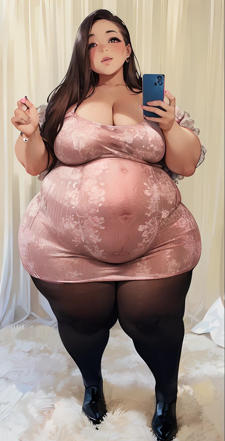 a woman in a pink dress taking a selfie with her cell phone, she has a jiggly fat round belly, thicc, extremely plump, thick thighs, alluring plus sized model, plus size woman, plus size, plus-sized, thick body, beautiful thick female, a portrait of a plump woman, her belly is fat and round, large thighs