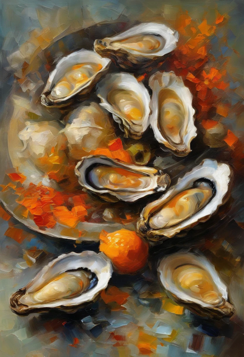 "(best quality, high resolution:1.2), (realistic:1.37), oysters, caviar, black truffle, kumquat, salmon roe, impeccable seafood, delicate texture, vibrant colors, exquisite ambiance, Van Gogh, irony, intricate details, haunting, yet melancholic, distorted perspective, unsettling, perplexing"