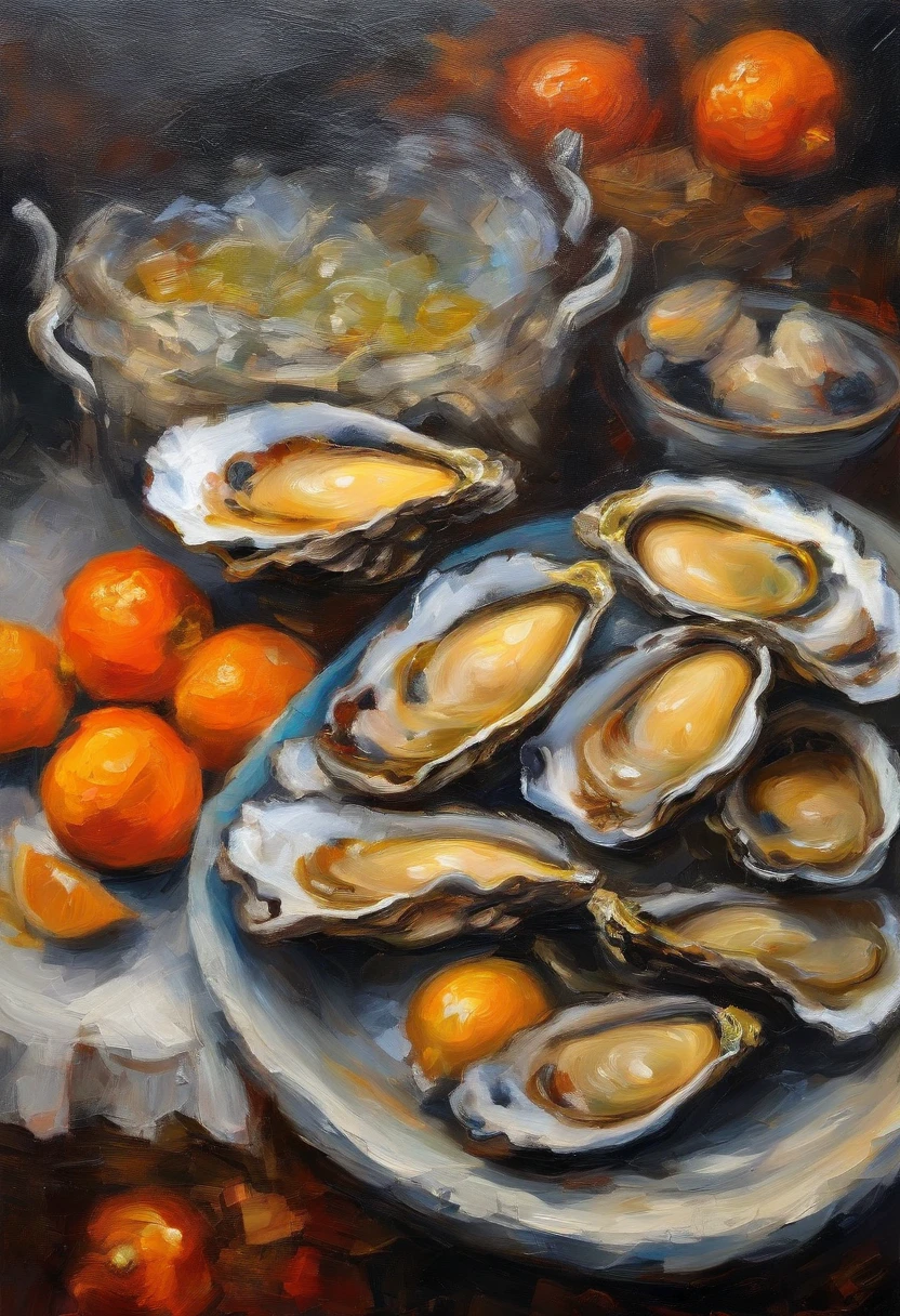 "(best quality, high resolution:1.2), (realistic:1.37), oysters, caviar, black truffle, kumquat, salmon roe, impeccable seafood, delicate texture, vibrant colors, exquisite ambiance, Van Gogh, irony, intricate details, haunting, yet melancholic, distorted perspective, unsettling, perplexing"