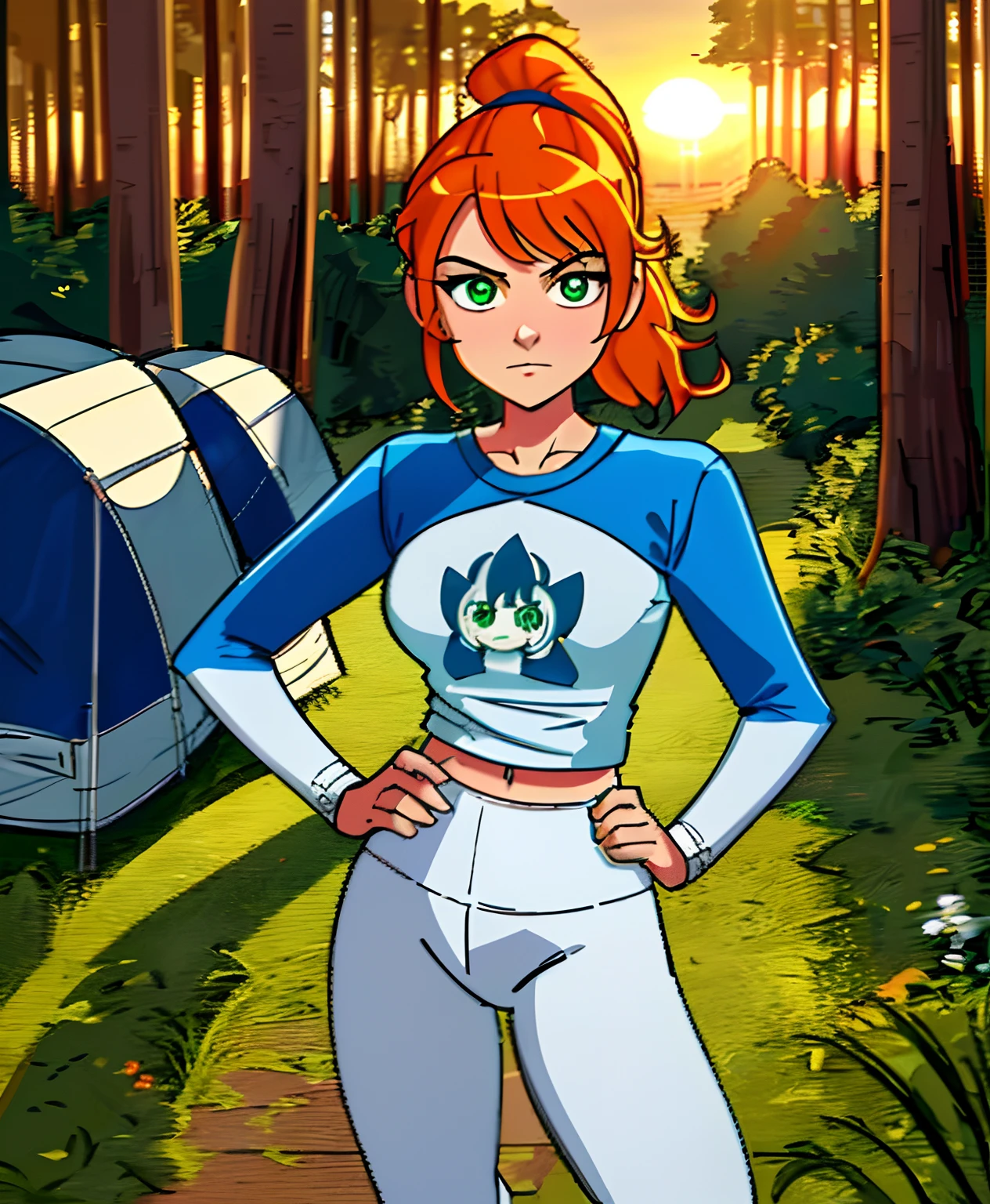 [gwen_tennyson], ((masterpiece)), ((high quality)), ((HD)), ((solo portrait)), ((beautiful 2D art)), ((detailed shading)), ((intricate details)), {orange hair, (cute green eyes), (black pupils), side bang, ponytail, short eyelashes, small boobs, (beautiful legs), (expressionless)}, {(blue and white long-sleeve tee shirt, (white yoga pants), blue canvas sneakers}, {(standing), (hand on hip), (looking at viewer)}, [Background; (trailer), (campsite), (woods), (sunset), (sun rays)]