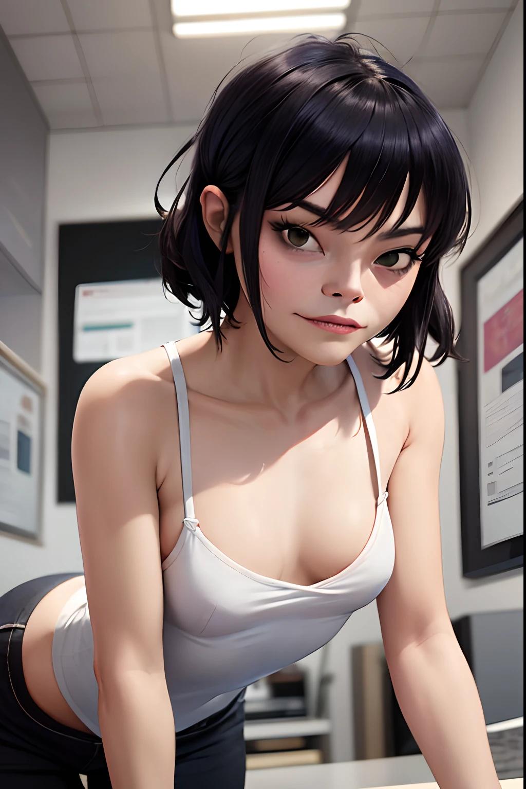 (masterpiece, best quality:1.2),  noodle (gorillaz), black hair, 1girl, black eyes, bangs,  parted lips, breasts, small breasts,  bob cut, absurdres, highres, 4k, ray tracing, perfect face, perfect eyes, intricate details, highly detailed, top-quality, (masterpiece:1.2, best quality), 1girl, smirk, slim, slender, green eyes, sharp eyes, small_breasts, flat_chest, leaning forward, facing viewer, from below, white shirt, black pants, areola slip, down blouse, embarrassed, ^ ^, office