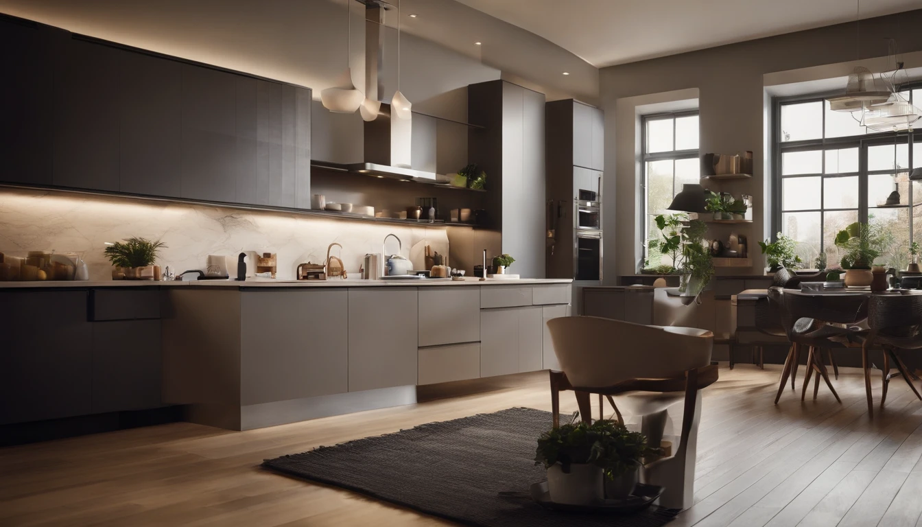 Showcase the power of the Internet of Things with a visually stunning image of a smart home filled with various connected devices and appliances AI, such as smart refrigerators, coffee makers, and ovens, all communicating with each other to simplify everyday tasks and enhance the quality of life --ar 16:9