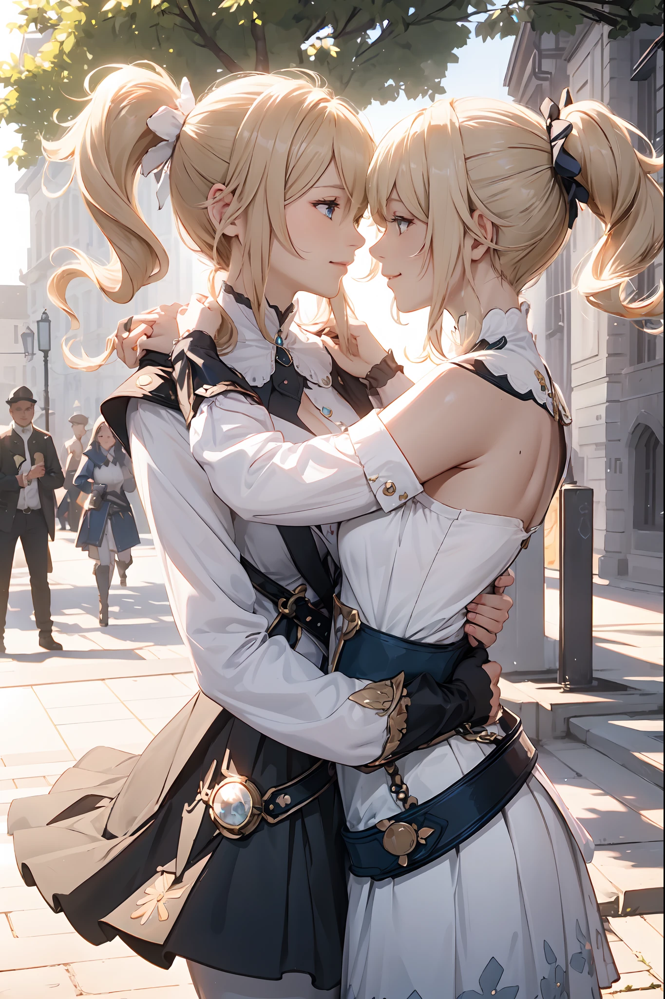 a picture focus on (barbara (genshin impact),hat,latin cross,blonde hair, long hair,twintails,twin drills, blue eyes,bow,white dress,frilled skirt,detached sleeves,white pantyhose,book,belt) and jeangunnhildr holding each other hand while walking through the city of mondstadt, both of them is enjoying their time together as sister. they both looking to each each other smiling and savouring the moment,The setting is a city of wind,filled with people around doing their day to day life , bathed in the soft light of the setting sun. The natural beauty of the surroundings reflects the purity of their emotions. The gentle breeze carries a sense of calm, further enhancing the tender moment. The image captures the essence of empathy, where one person's understanding and compassion bridge the gap between hearts. It illustrates the power of human connection, transcending differences and reminding us of our shared vulnerabilities. Photo taken by Michael Adams, a photographer renowned for capturing profound emotions, using a Canon EOS R6 with a 35mm lens. The lighting is a combination of natural light and subtle artificial lighting, creating an aura of warmth and sincerity. This photograph serves as a beautiful reminder of the transformative impact of empathy, forging bonds that heal and uplift the human spirit. --v 5 --q 2