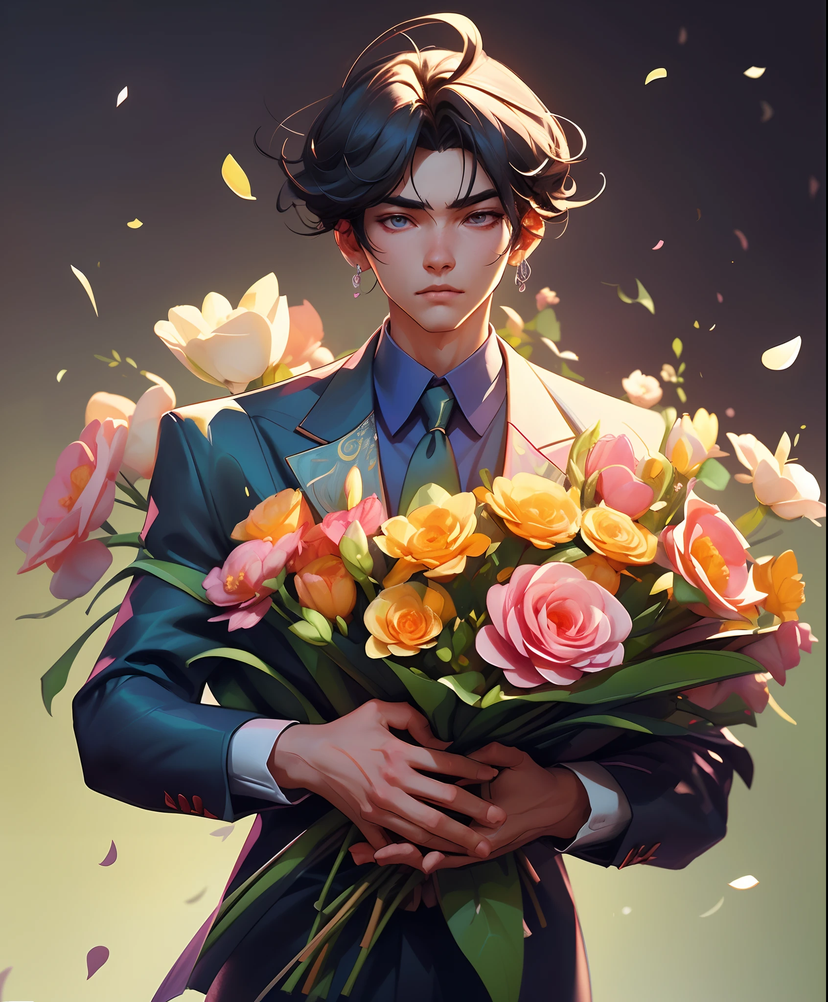 There was a man holding a bouquet of flowers in his hand, With flowers, Holding flowers, the flower prince, carrying flowers, high quality portrait, inspired by Yanjun Cheng, holding magic flowers, High-quality fanart, by Yang J, Guviz-style artwork, Cai Xukun, author：yanjun cheng, Guviz