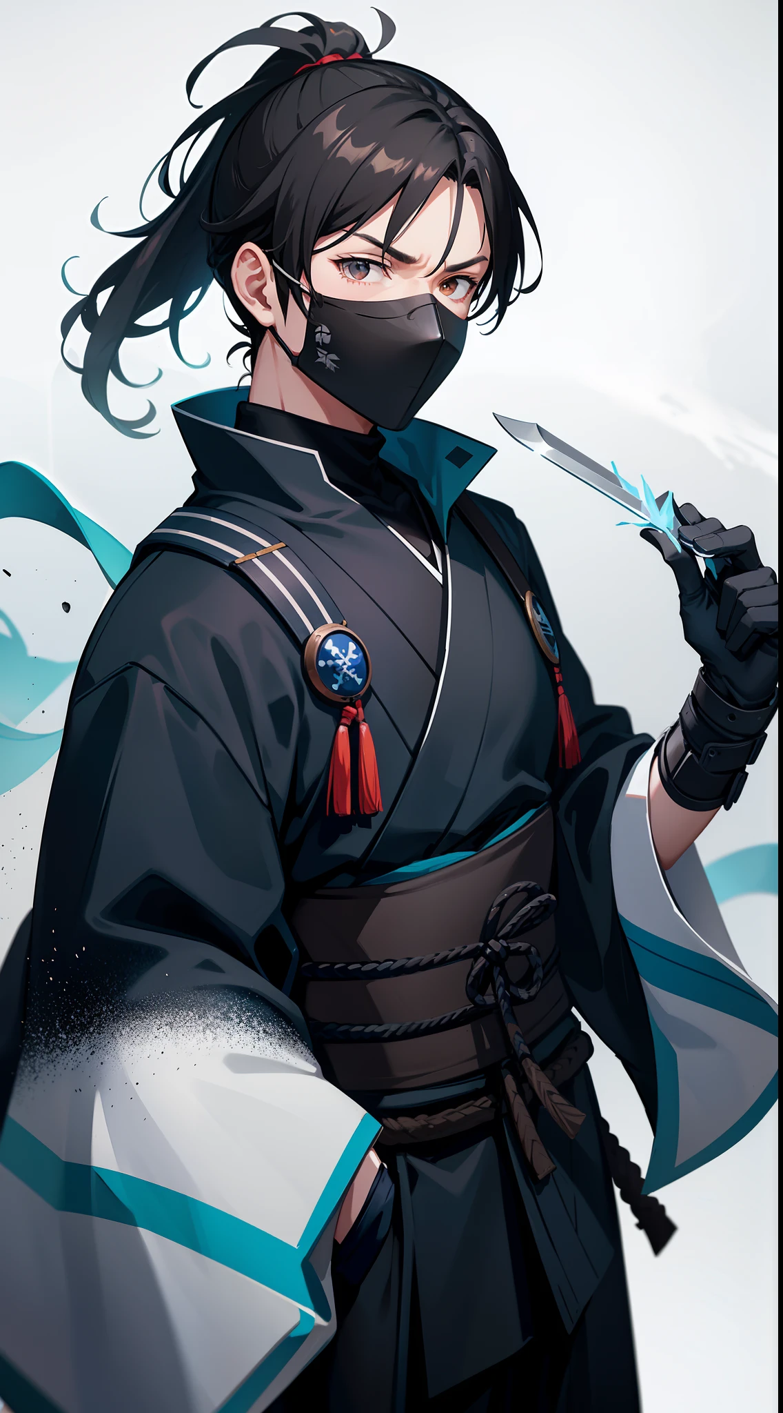 Grown-up guy, short black hair, high ponytail, Brown eyes, mask, blue shinobi kimono, Sleeveless, Sub-Zero, Cold, ice, blizzard, Battle-ax, Masterpiece, hiquality, 4k, HD, Good detail