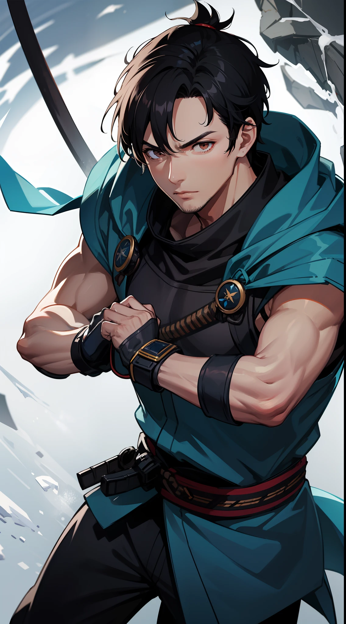 Grown-up guy, short black hair, high ponytail, Brown eyes, mask, blue shinobi kimono, Sleeveless, Sub-Zero, Cold, ice, blizzard, Battle-ax, Masterpiece, hiquality, 4k, HD, Good detail