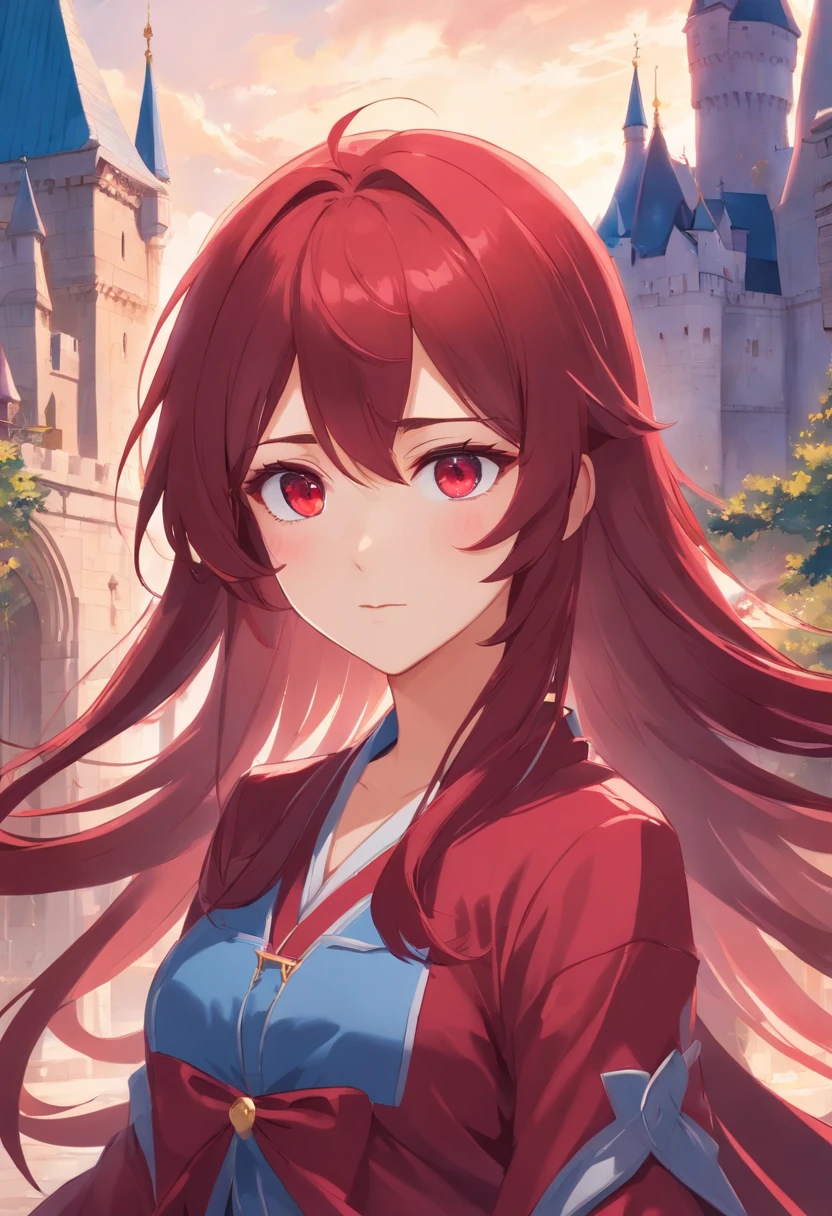 red color eyes，Claret long hair，magia，Castle fantasy，Blue clothes, Ultra photo realsisim, Castle，hair adornments，The upper part of the body
