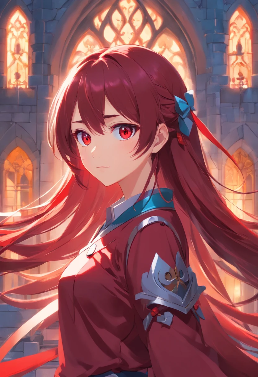 red color eyes,Claret long hair,magia,Castle fantasy,Blue clothes, Ultra photo realsisim, Castle,hair adornments,The upper part of the body