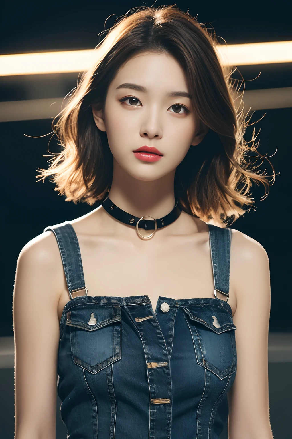 （（mideum breasts、tomgirl、Head））、（the perfect body：1.1）、（short wavy hair：1.2）、Brown、collars、chain、FULL BODYSHOT、Crowded city、Black sleeveless T-shirt、damage jeans、（Very elaborate CG 8K wallpapers）、（extremely delicate and beautiful）、（​masterpiece）、（top-quality）:1.0)、(超A high resolution:1.0)、beautiful  lighting、perfect lightning bolt、realistic shadow、[hight resolution]、detailed skins、ultra-detailliert ((colourfull))