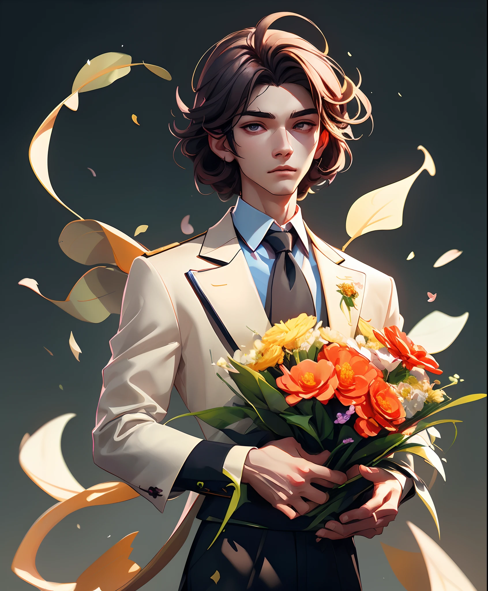 There was a man holding a bouquet of flowers in his hand, With flowers, Holding flowers, the flower prince, carrying flowers, high quality portrait, inspired by Yanjun Cheng, holding magic flowers, High-quality fanart, by Yang J, Guviz-style artwork, Cai Xukun, author:yanjun cheng, Guviz