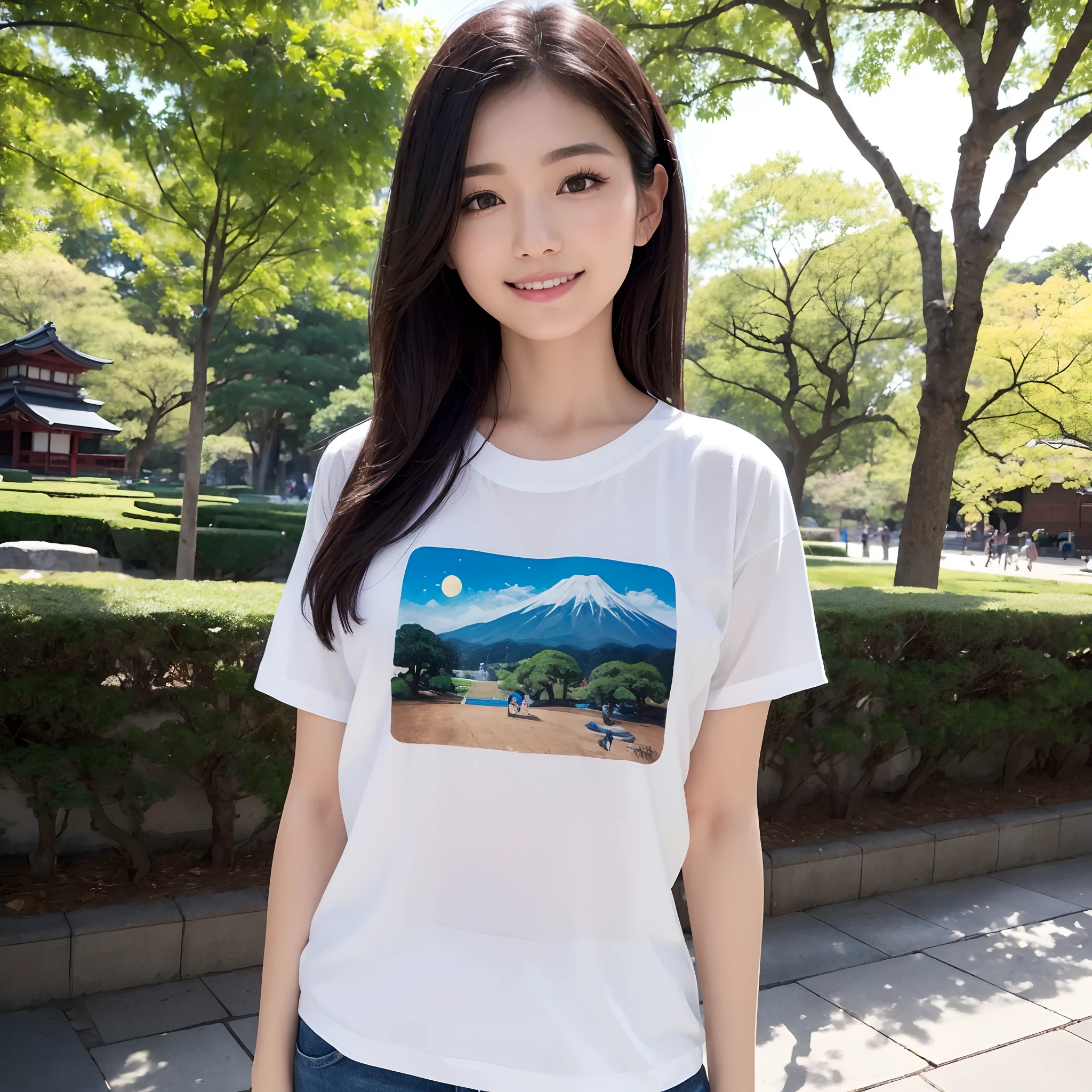 One beauty、((best qualtiy、8k masterpieces:1.3))、foco nítido:1.2、(ultra beautiful faces:1.0)、(shinny skin:1.0)、photos realistic、A dark-haired、Video Lighting、High-definition eyes and face、Video Lighting、25-year-old Japan actress、from the front side、medium breasts、Smile、Slender Abs Beauty、Whole body、Kanji for Japan「tenderness」Wearing a T-shirt with、In the park in the morning