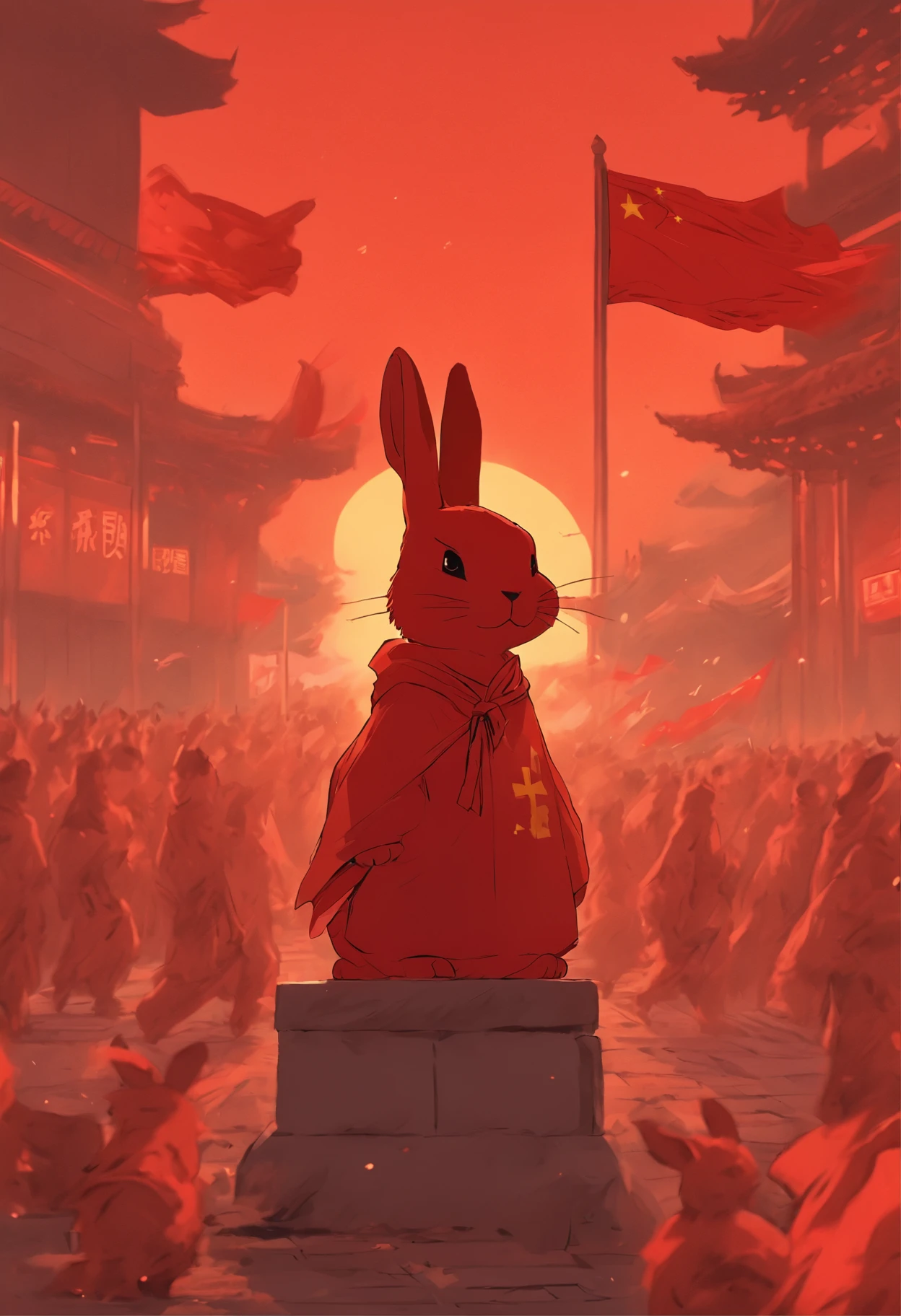 in the early morning,Tiananmen square,Red flag,anthropomorphic rabbit,Pla