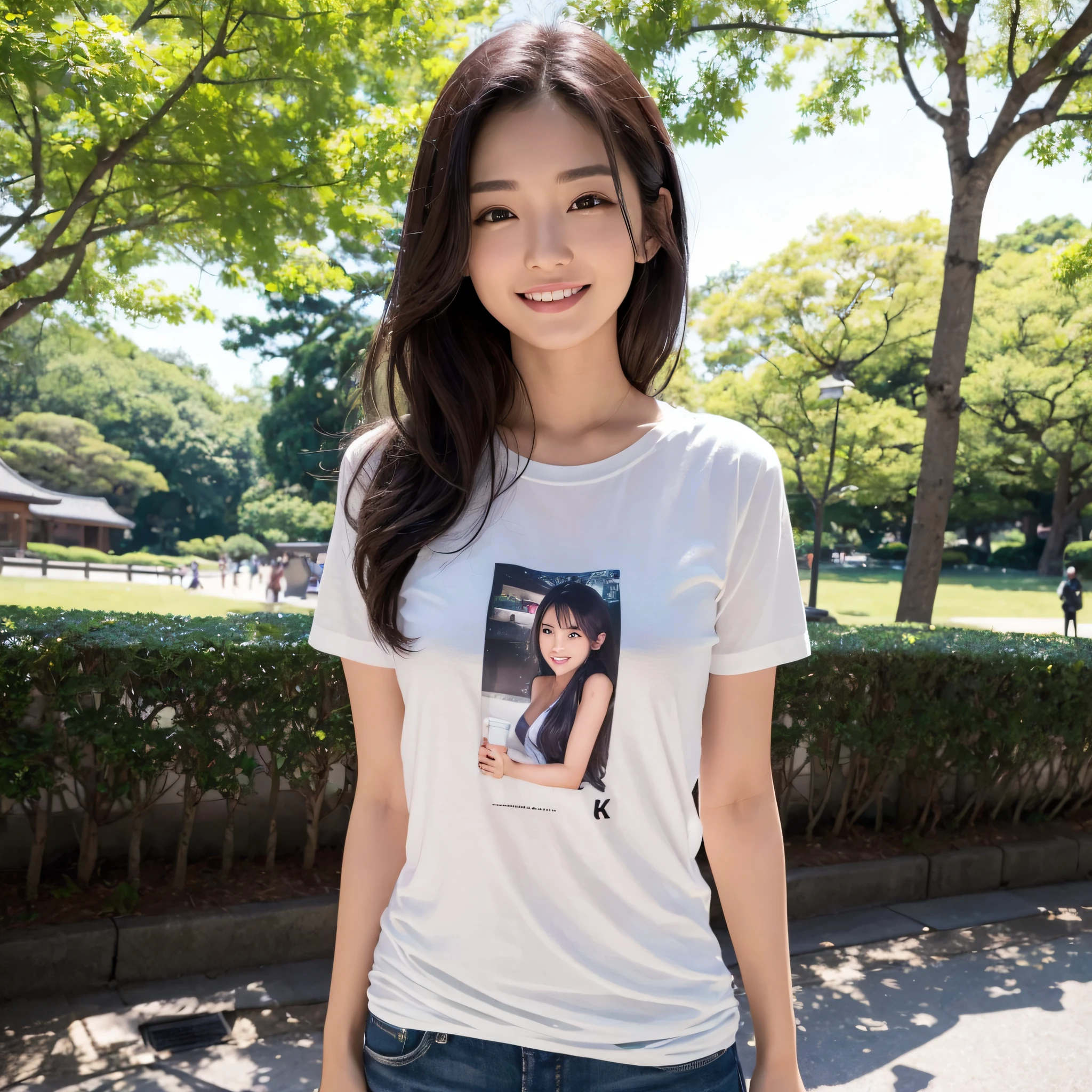 One beauty、((best qualtiy、8k masterpieces:1.3))、foco nítido:1.2、(ultra beautiful faces:1.0)、(shinny skin:1.0)、photos realistic、A dark-haired、Video Lighting、High-definition eyes and face、Video Lighting、25-year-old Japan actress、from the front side、medium breasts、Smile、Slender Abs Beauty、Whole body、Kanji for Japan「tenderness」Wearing a T-shirt with、In the park in the morning