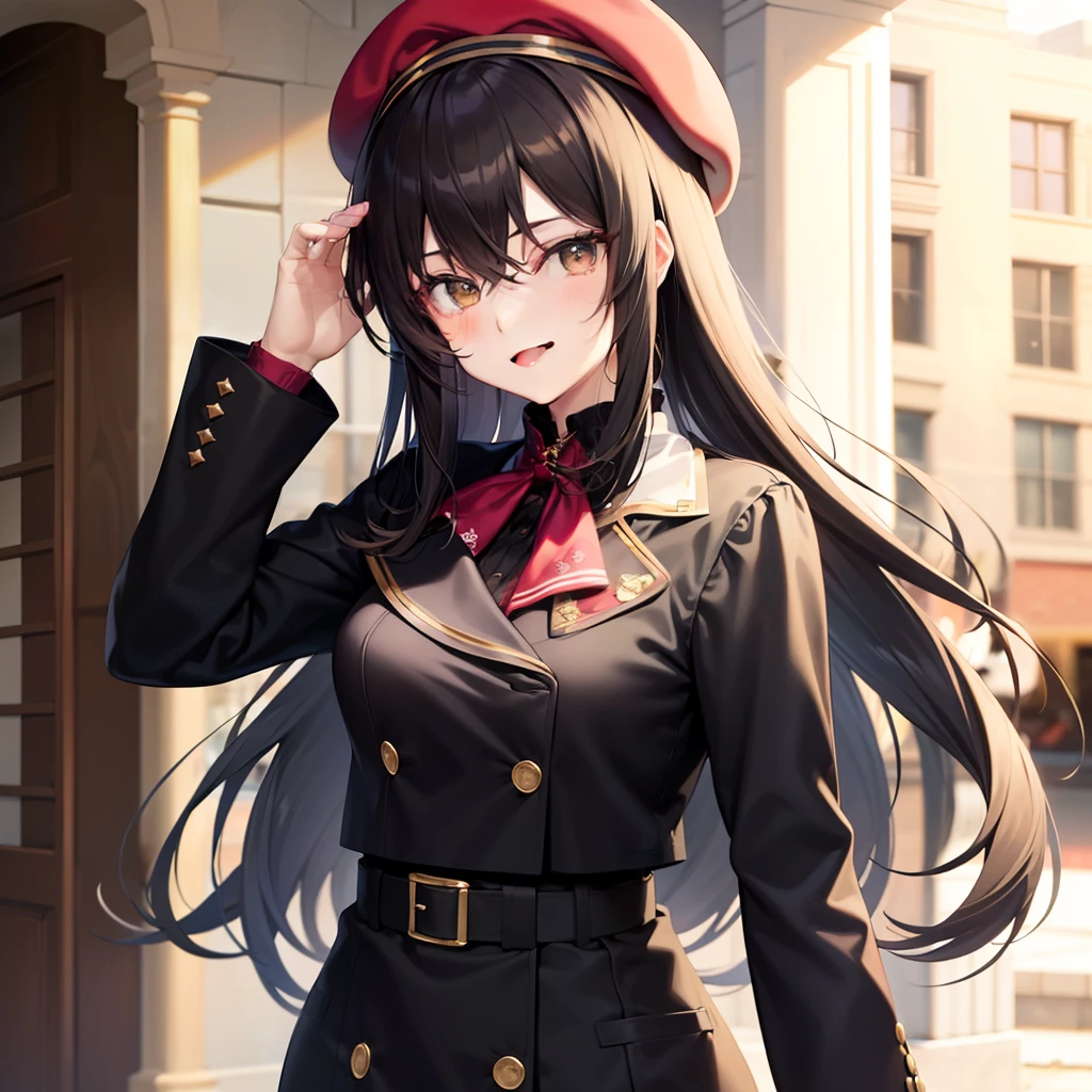 A pretty anime lady, wearing fashionable clothes, a model, wearing a beret hat, is in a college campus, black haired lady, long hair, brown hazel eyes, looking at you with a sweet small smile, human.
