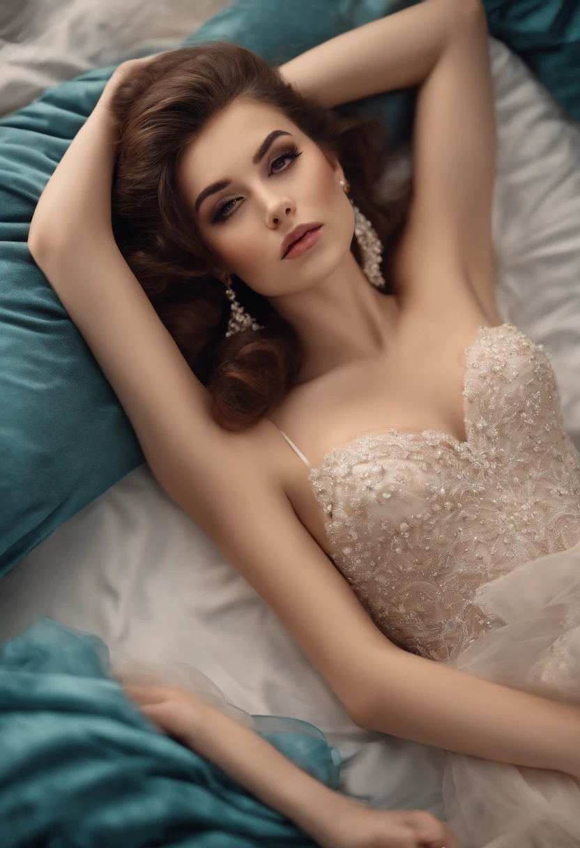 beautifull Woman 19 years old, wearing sexy formal outfit laying on bed, view from above, detailed, hd, realistic, bright, updo