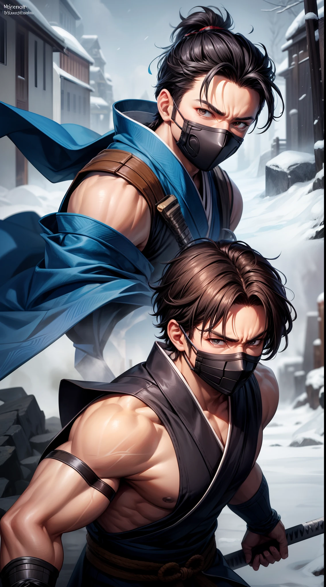 Grown-up guy, short black hair, high ponytail, Brown eyes, mask, blue shinobi kimono, Sleeveless, Sub-Zero, Cold, ice, blizzard, Battle-ax, Masterpiece, hiquality, 4k, HD, Good detail