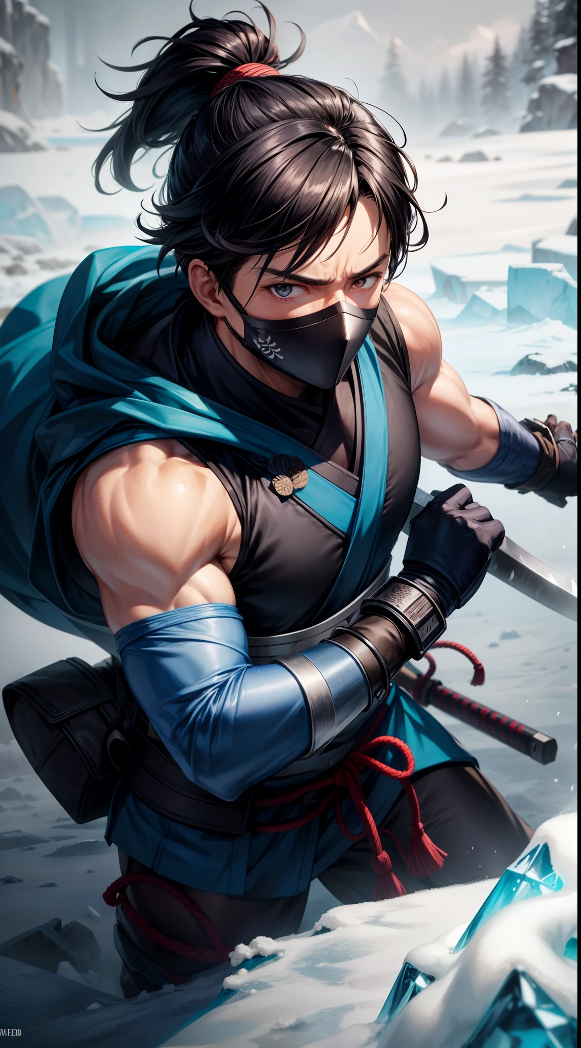 Grown-up guy, short black hair, high ponytail, Brown eyes, mask, blue shinobi kimono, Sleeveless, Sub-Zero, Cold, ice, blizzard, Battle-ax, Masterpiece, hiquality, 4k, HD, Good detail