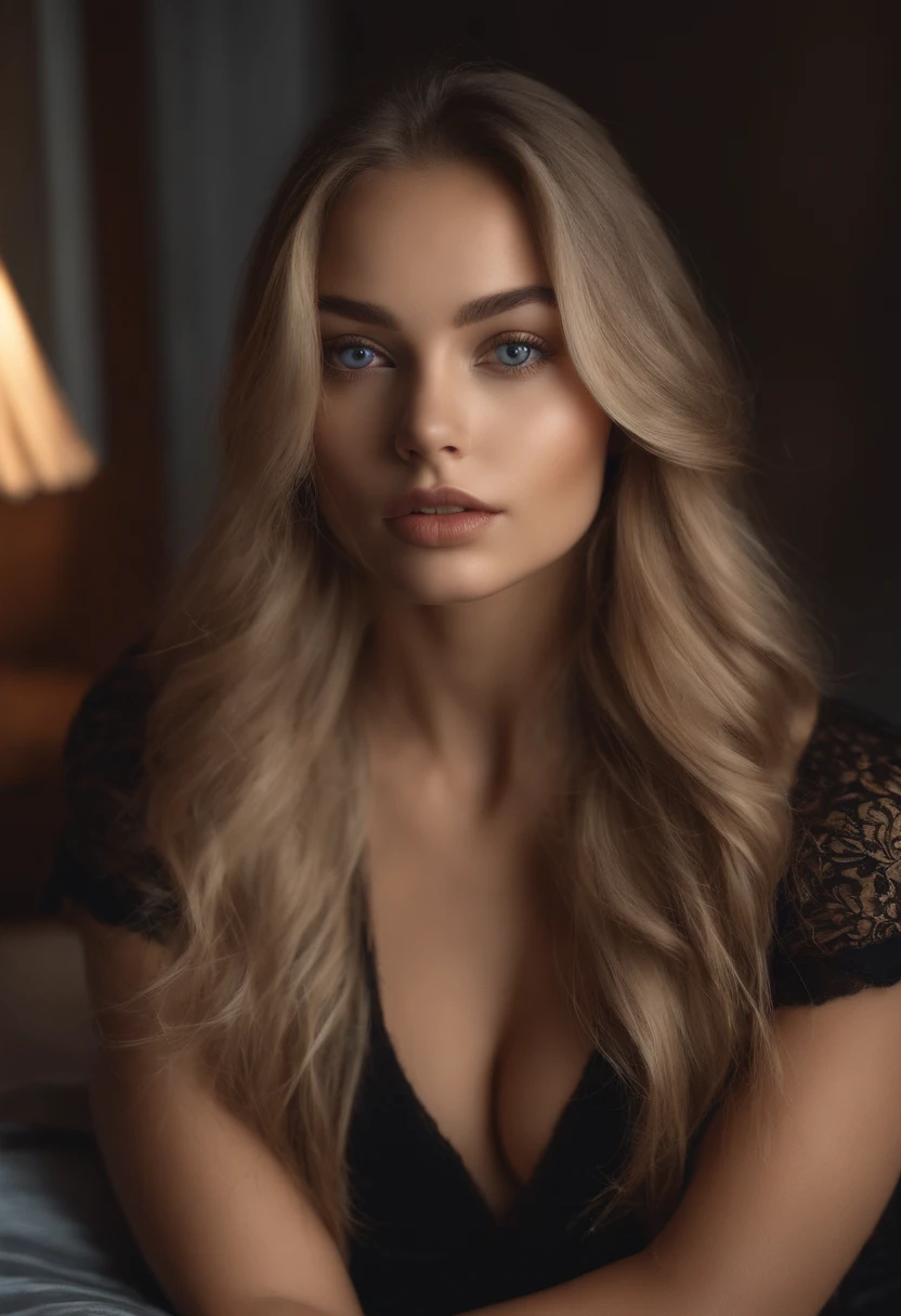 Arafed woman completely , fille sexy aux yeux bleus, ultra realist, Meticulously detailed, Portrait Sophie Mudd, cheveux blonds et grands yeux, selfie of a young woman, Yeux de chambre, Violet Myers, sans maquillage, maquillage naturel, looking straight at camera, Visage avec Artgram, Maquillage subtil, Great photo of the whole body kneeling on the bed, dans la chambre, Medium to large bust