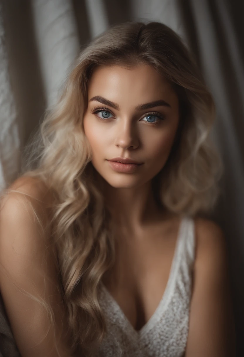 Arafed woman completely , fille sexy aux yeux bleus, ultra realist, Meticulously detailed, Portrait Sophie Mudd, cheveux blonds et grands yeux, selfie of a young woman, Yeux de chambre, Violet Myers, sans maquillage, maquillage naturel, looking straight at camera, Visage avec Artgram, Maquillage subtil, Great photo of the whole body kneeling on the bed, dans la chambre, Medium to large bust