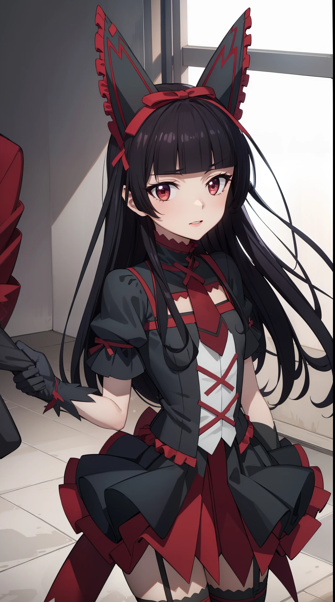 Rory Mercury, Rory Mercury, black  hair, blunt bangs, hime cut, hair ornament, red lipstick, hairlong, cute face, makeup, (small chest:1.2), (red eyes:1.5), BREAK Gothic underwear, the perfect body (little chest:1.3),  BREAK in full growth, red shoes, BREAK Black Stockings, Black Gloves BREAK, black thighs, garter straps, gloves, gotik, Hair Bow, gothic fashion, puffy short sleeves, puffy sleeves, short sleeves, thights, thights, bloods, BREAK of the starry night sky, night city, BREAK looks at the viewer, BREAK (Masterpiece:1.2), Best Quality, High Resolution, Unity 8k壁纸, (illustartion:0.8), (beautiful detail eyes:1.6), extremely detailed face, perfect  lighting, extremely detailed CGI, (perfect arms, perfect anatomy),