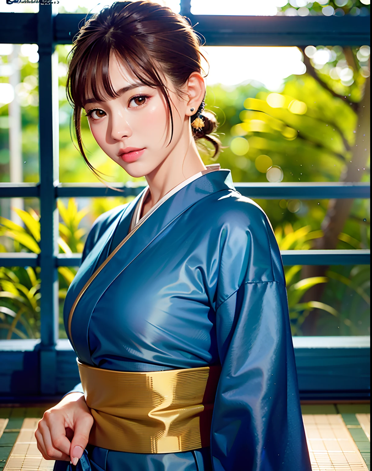 Best Quality, 超A high resolution, (Photorealistic:1.4), Raw photo, (upper waist:1.4), (Bokeh:1.7),(Window light only:1.6), (in bright japanese-style room:1.5),(Bright:1.5)
1日本人の女の子, (Solo), (Smile:1.2,Open mouth:0.7), (dark brown eyes), Natural Skin, (brown updo hair,Bangs),Standing
(blue silk kimono),(Obi)