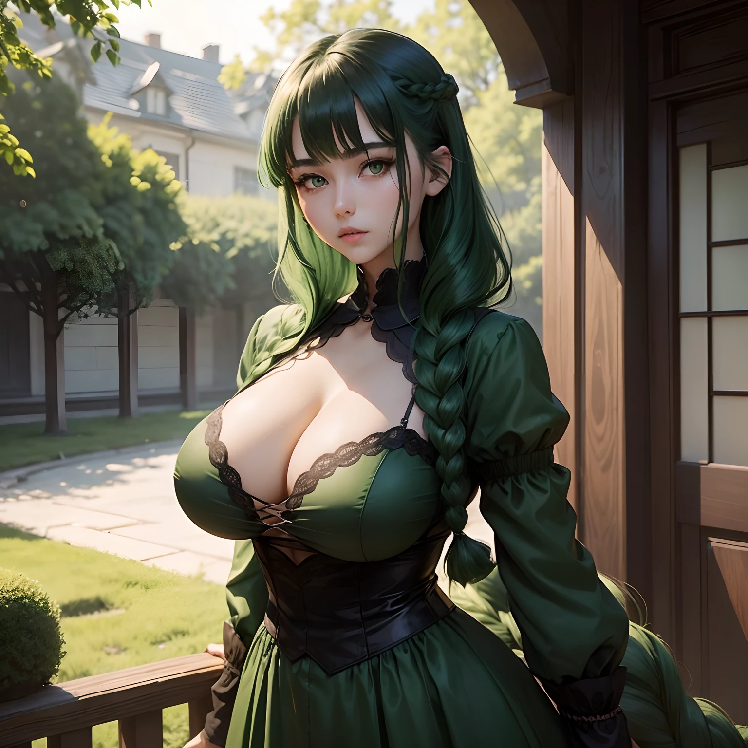 (19-year-old woman、Dark green hair、Green eyes、Solo)、(Assassination Maid)、One long braid on the back hair、(Huge breasts、cleavage)、Dark green clothes、