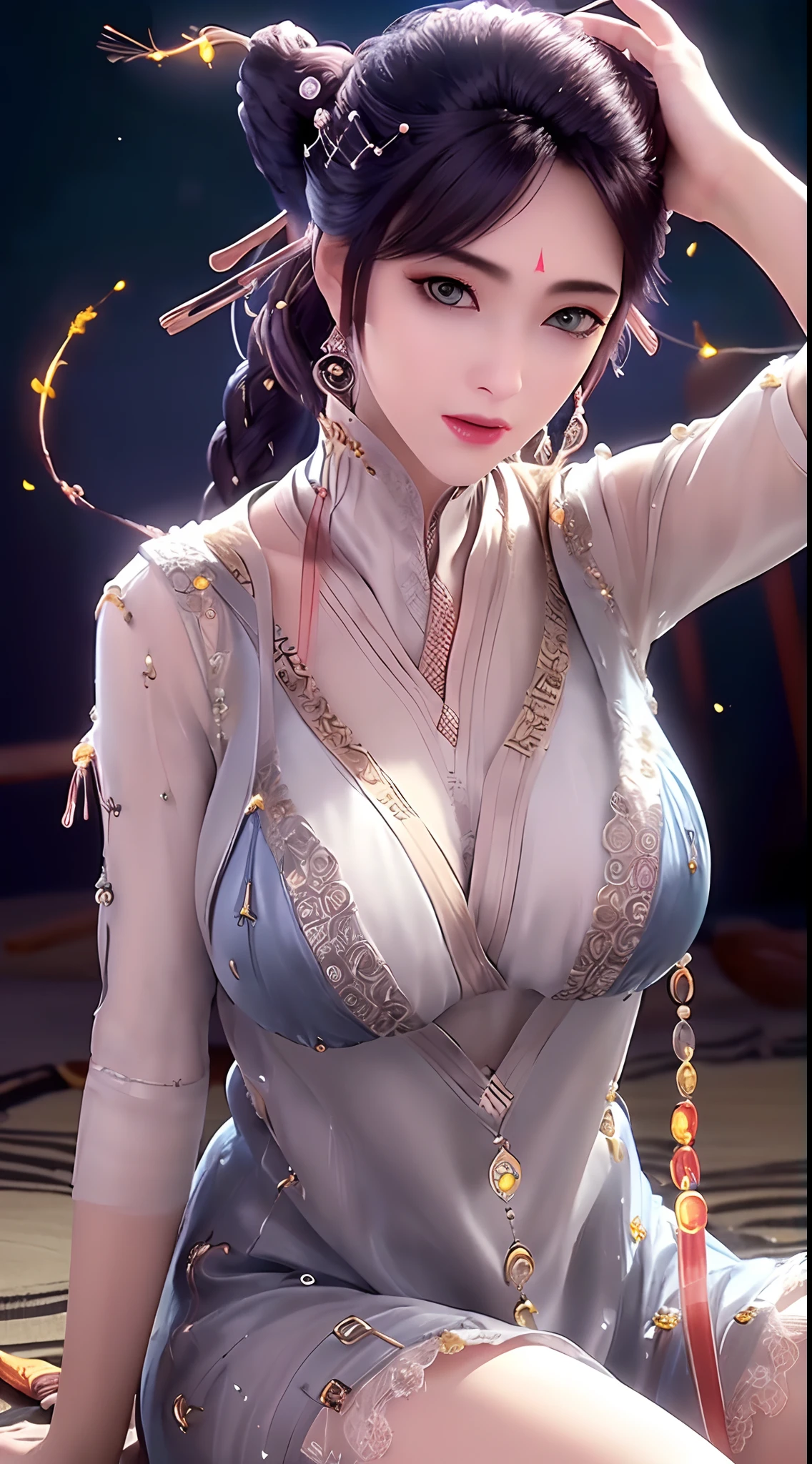 1 beautiful and sexy 20 year old girl, ((wearing a transparent silver nightgown with sexy white lace trim:1.7)), (((Transparent nightgown can see each part of the sexy girl's body:1.7))), ((a dress with diamonds:1.7)), ((long black hair:1.6)), jewelry elaborately made from precious stones and beautiful hair, the noble, noble style of an extremely beautiful girl, her small face is super cute, her face is very pretty, thin eyebrows, flawless beautiful face, ((black eye pupils: 0.8)), very beautiful eyes, ((silver eyes: 1.6)), (((big round eyes:1.6))), nice makeup and hair detailed eyelashes, steamy eye makeup, high nose, earrings, red lips, ((closed mouth: 1.5)) beautiful lips, slim hands, most beautiful thighs, ((arms spread out to the sides: 1.5)), rosy face, clean face, flawless beautiful face, smooth white skin, (big breasts: 1.5)), ((high breasts: 1.6)), tight breasts, beautiful cleavage, (((big breasts and super round: 1.8))), ((super tight breasts: 1.7)) , beautiful breasts, perfect body, back arms, chest out, ((sitting position with chest up and arms behind: 1.6)), ((open your legs:1.2)), don't be shy, 8k photo, super high quality, super realistic, super 10x pixels, optical, bright studio, bright edges, dual-tone lighting, (high-detail skin:1.2), super 8k, soft lighting, high quality, volumetric lighting, photorealistic, photorealistic high resolution, lighting, best photo, 4k, 8k quality, blur effect, smooth sharp, 10 x pixel, ((Beach at night and fireflies background:1.5)), aurora, lightning, super graphics realistic, most realistic graphics, 1 girl, alone, solo, Extremely sharp image, surreal, (((frontal portrait: 1.5)))."