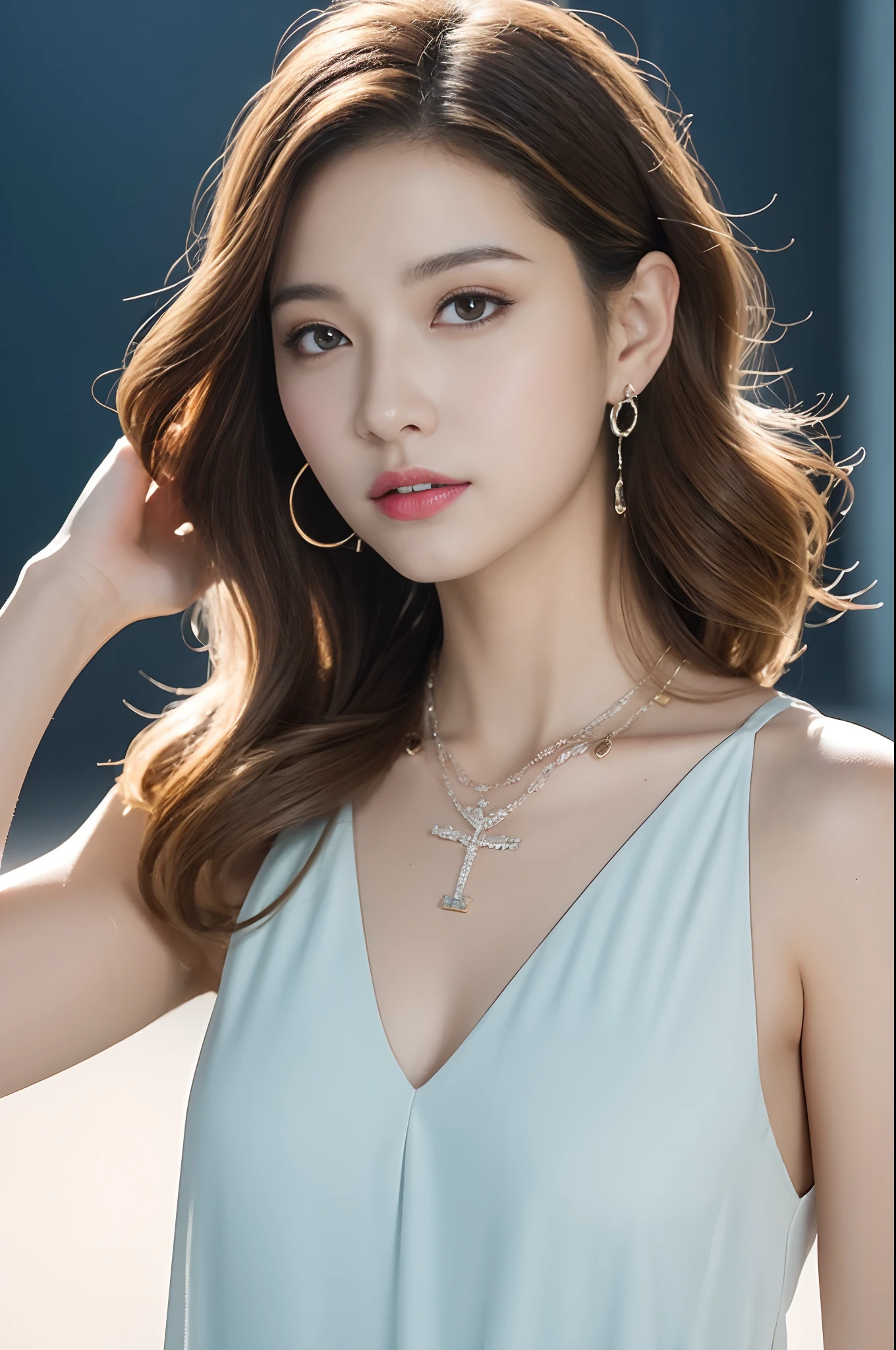（（mideum breasts、tomgirl、Head））、（the perfect body：1.1）、（short wavy hair：1.2）、Light brown hair with gradients、FULL BODYSHOT、Crowded city、Sleeveless casual dresses、（Very elaborate CG 8K wallpapers）、（extremely delicate and beautiful）、（​masterpiece）、（top-quality）:1.0)、(超A high resolution:1.0)、beautiful  lighting、perfect lightning bolt、realistic shadow、[hight resolution]、detailed skins、ultra-detailliert ((colourfull))、a necklace、A bracelet、piercings