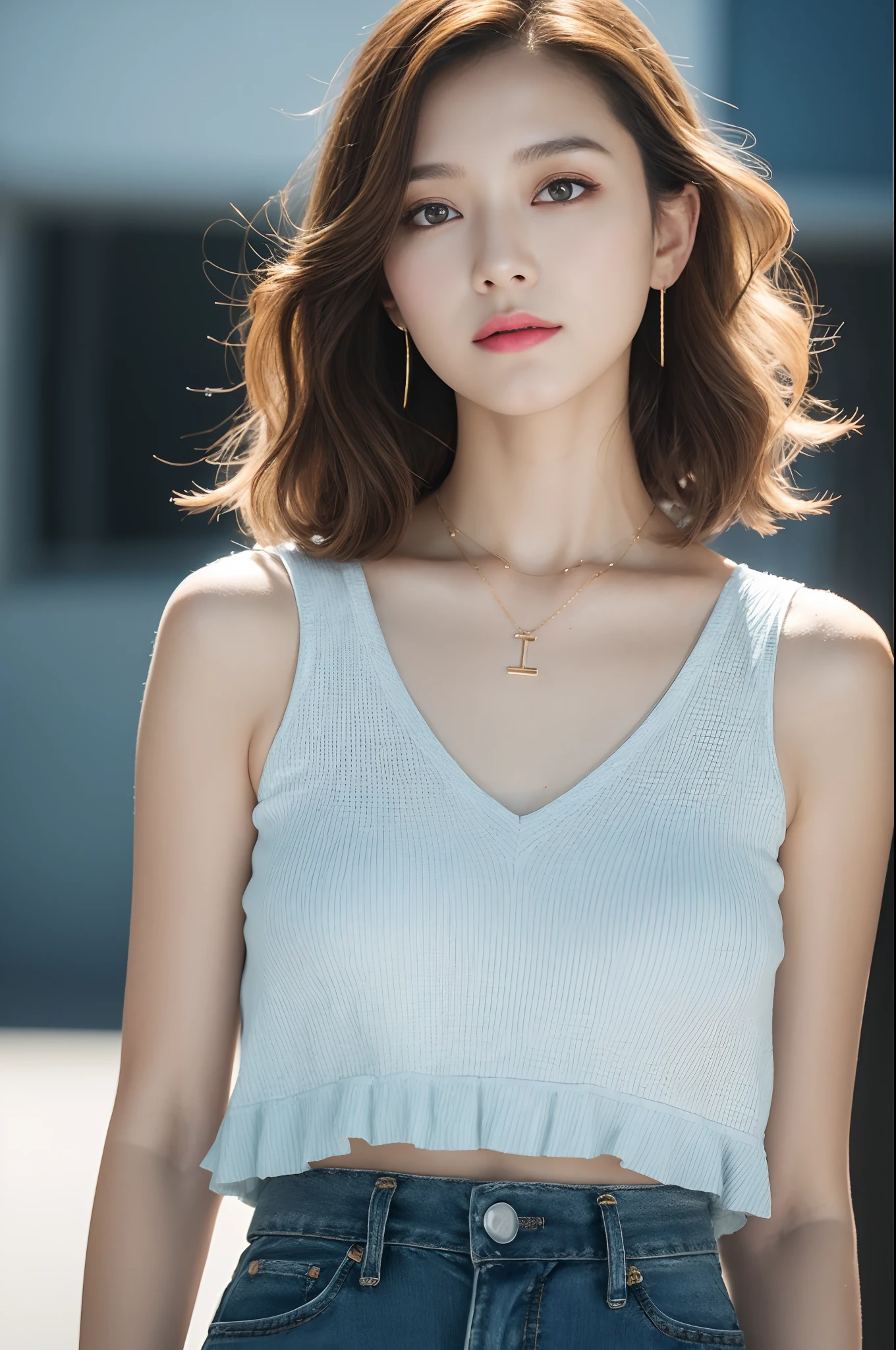 （（mideum breasts、tomgirl、Head））、（the perfect body：1.1）、（short wavy hair：1.2）、Light brown hair with gradients、FULL BODYSHOT、Crowded city、Sleeveless casual dresses、（Very elaborate CG 8K wallpapers）、（extremely delicate and beautiful）、（​masterpiece）、（top-quality）:1.0)、(超A high resolution:1.0)、beautiful  lighting、perfect lightning bolt、realistic shadow、[hight resolution]、detailed skins、ultra-detailliert ((colourfull))、a necklace、A bracelet、piercings