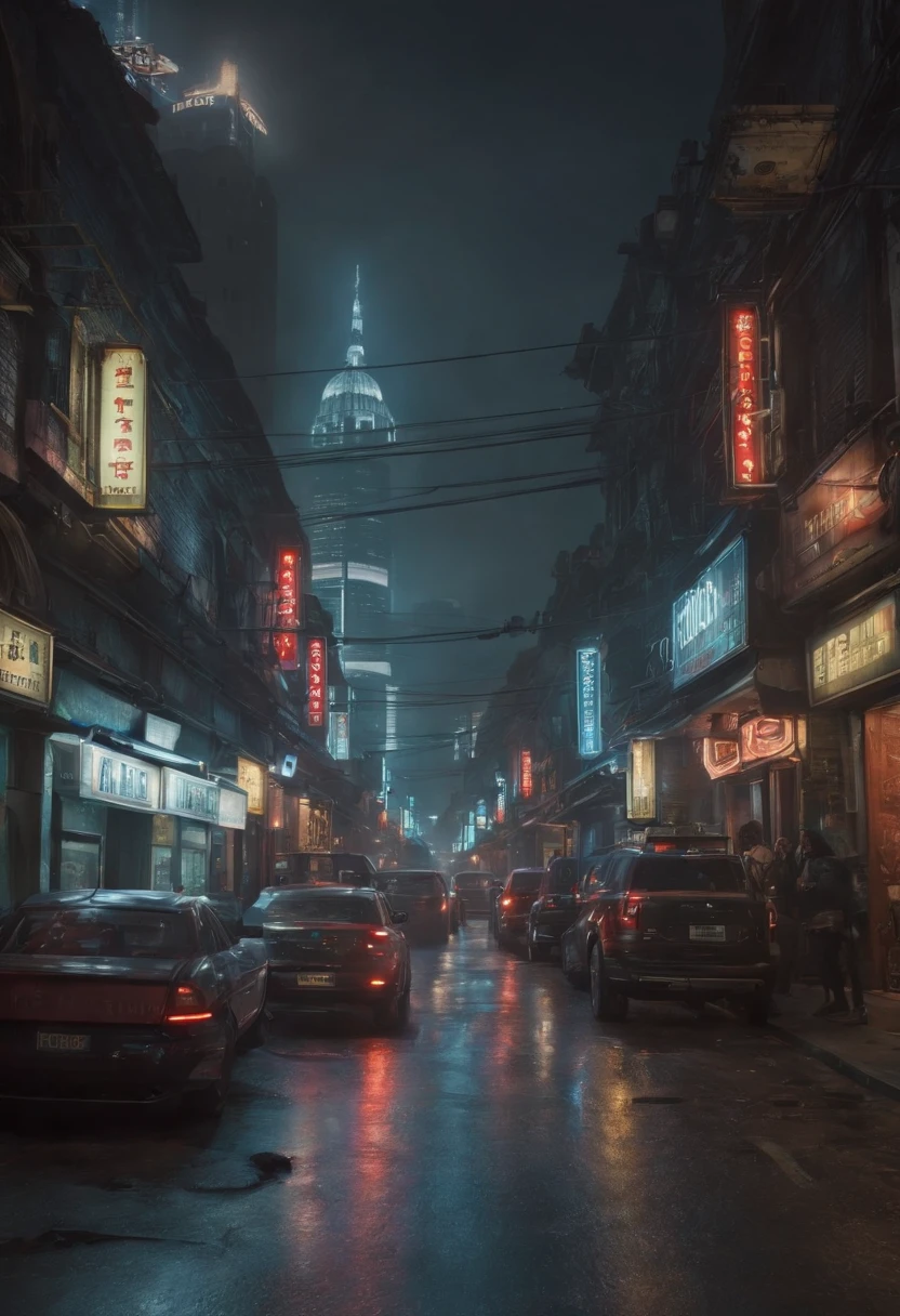 Cyberpunk City from the science fiction movie, empty street, Noche, Edificios Chinoiserie, tienda antigua, irregular, Placas de circuito, Cables, intrincado, Super detailed, realista, hiperrealista, alta calidad, mejor, Super detailed, Detalles locos, muy detallado, fotorrealista, epic composition, La mejor calidad, 32k --v 6