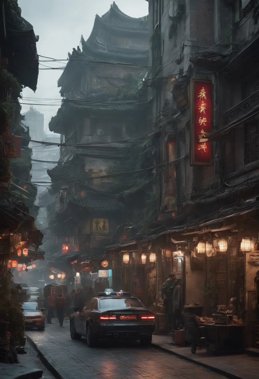 Cyberpunk City from the science fiction movie, empty street, Noche, Edificios Chinoiserie, tienda antigua, irregular, Placas de circuito, Cables, intrincado, Super detailed, realista, hiperrealista, alta calidad, mejor, Super detailed, Detalles locos, muy detallado, fotorrealista, epic composition, La mejor calidad, 32k --v 6