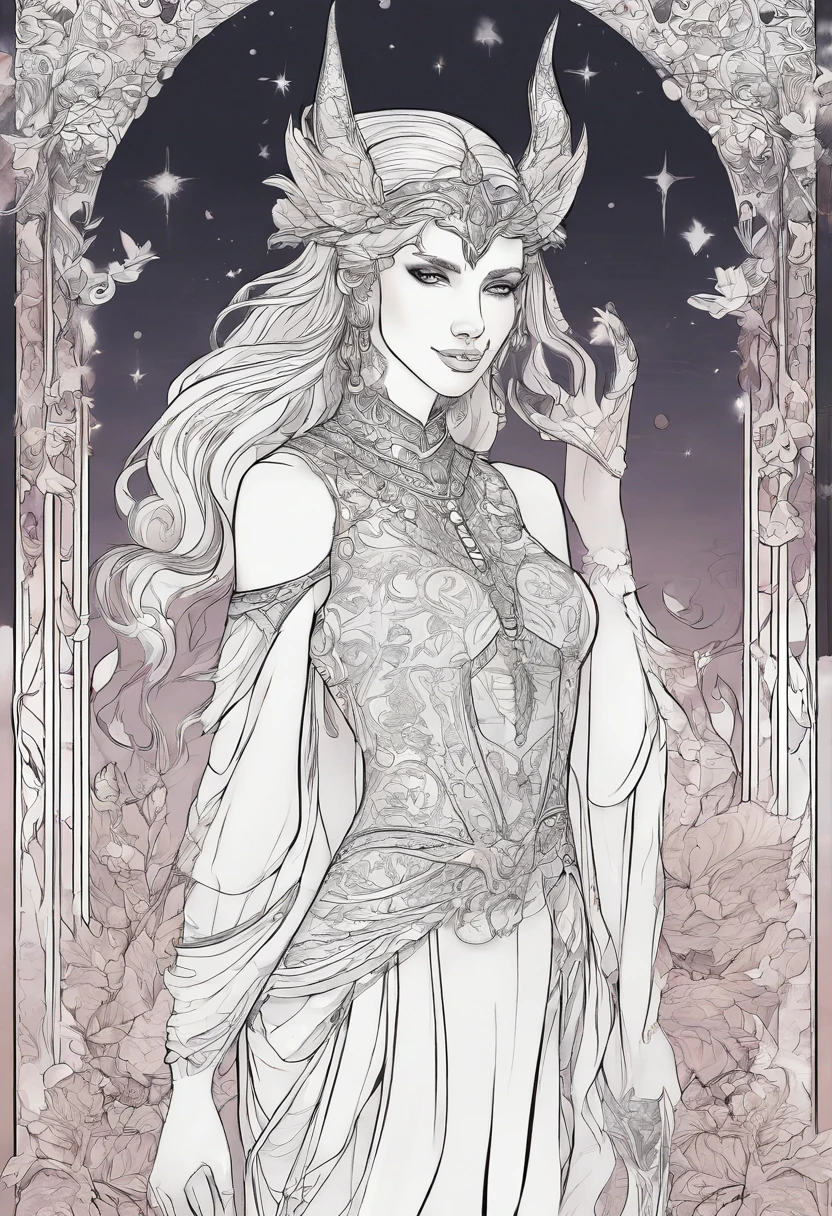 coloring page of a beautiful demon in a short dress, clean and clear line art, with a thick outline and clear details, featuring a beautiful face and intricate details, inspired by gothic art, high contrast, impeccable linework, digital art, 300 dpi resolution