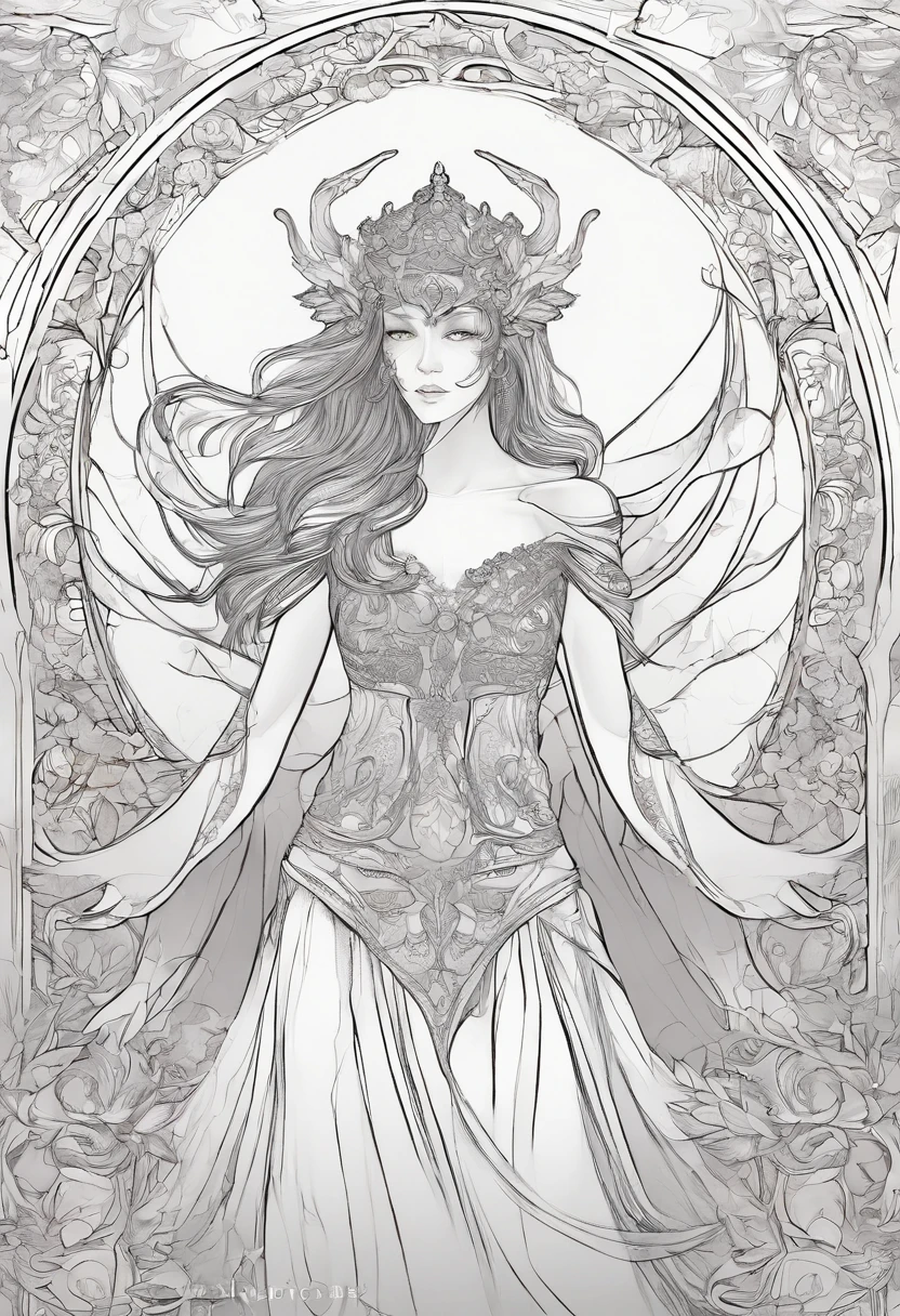 coloring page of a beautiful demon in a short dress, clean and clear line art, with a thick outline and clear details, featuring a beautiful face and intricate details, inspired by gothic art, high contrast, impeccable linework, digital art, 300 dpi resolution