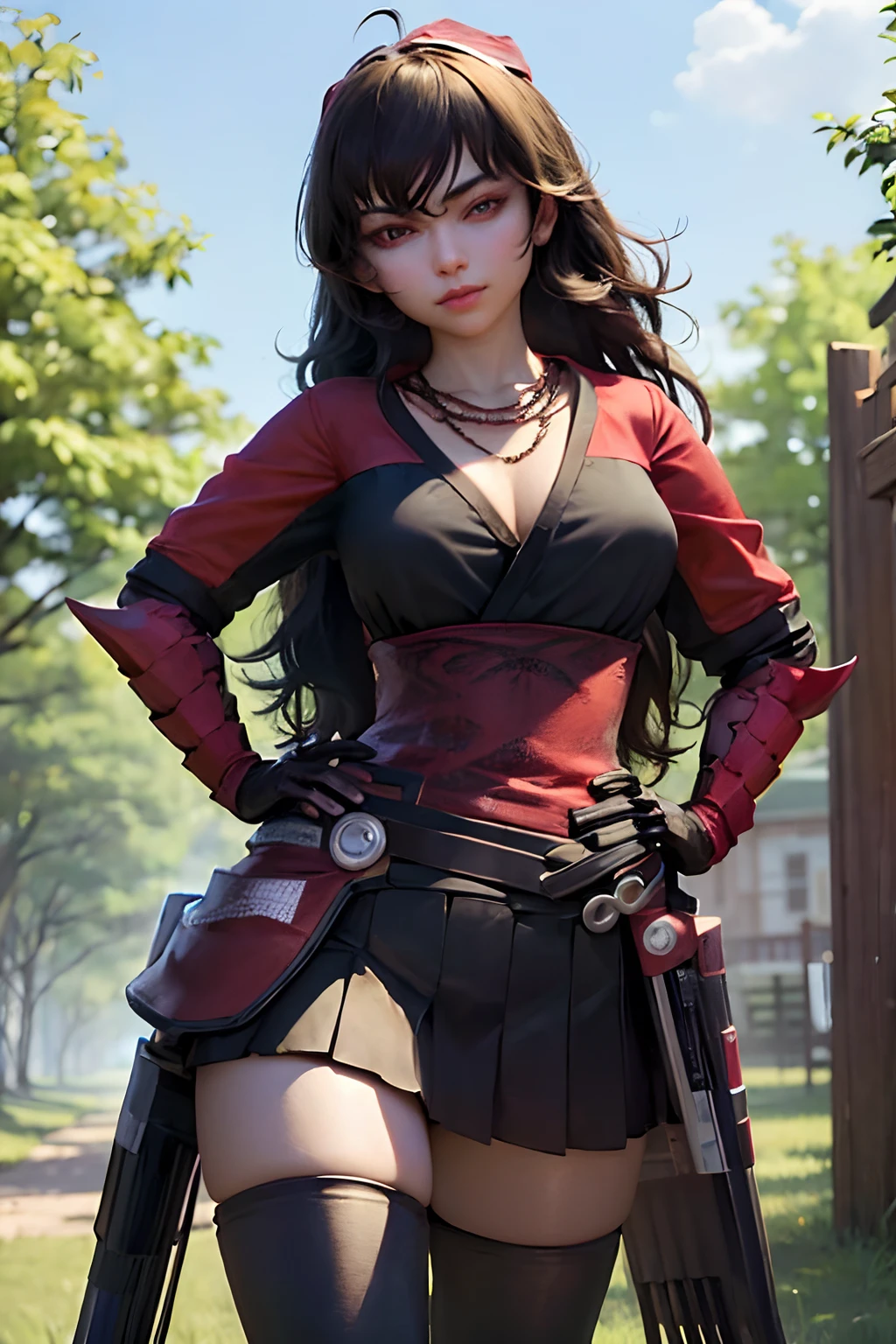 (masterpiece, best quality:1.2), cowboy shot, solo, 1girl, raven branwen, expressonless, looking at viewer, hand on hip, armor, skirt, thighhighs, (gloves:1.1), necklace