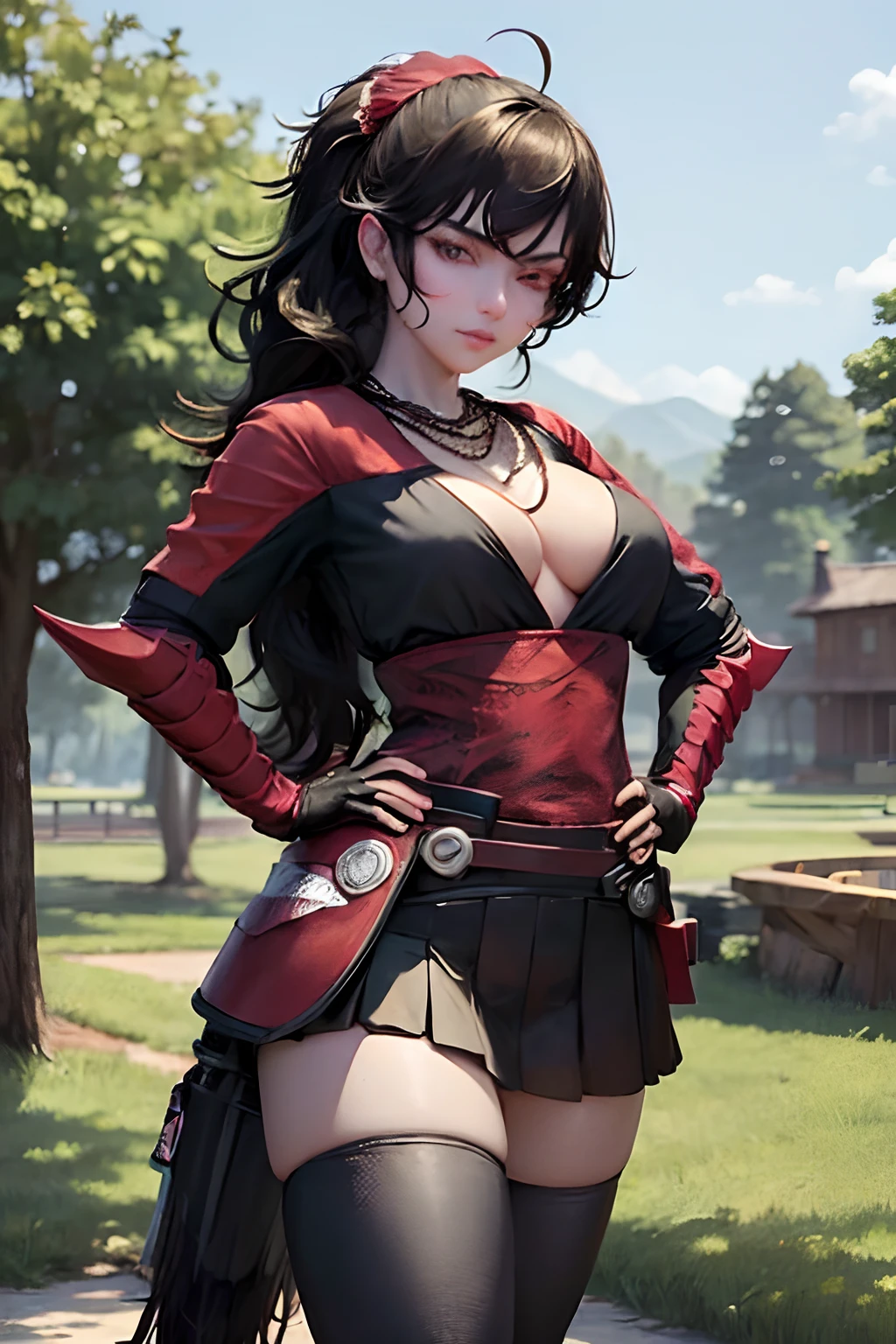 (masterpiece, best quality:1.2), cowboy shot, solo, 1girl, raven branwen, expressonless, looking at viewer, hand on hip, armor, skirt, thighhighs, (gloves:1.1), necklace