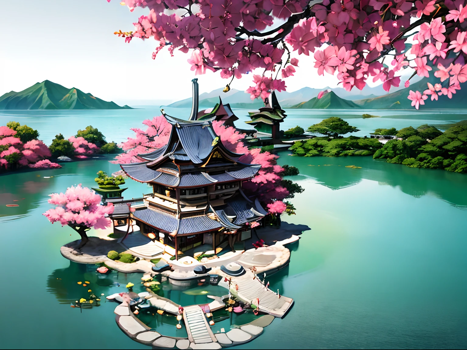 Japanese ancient architectural design，Game Building、Japanese garden、the cherry trees，White background，in a panoramic view，Wide-angle，viewed from bird's-eye，tmasterpiece，best qualtiy，16k, cyclo、floating islands、gravel path、gazebo、Sakura pool