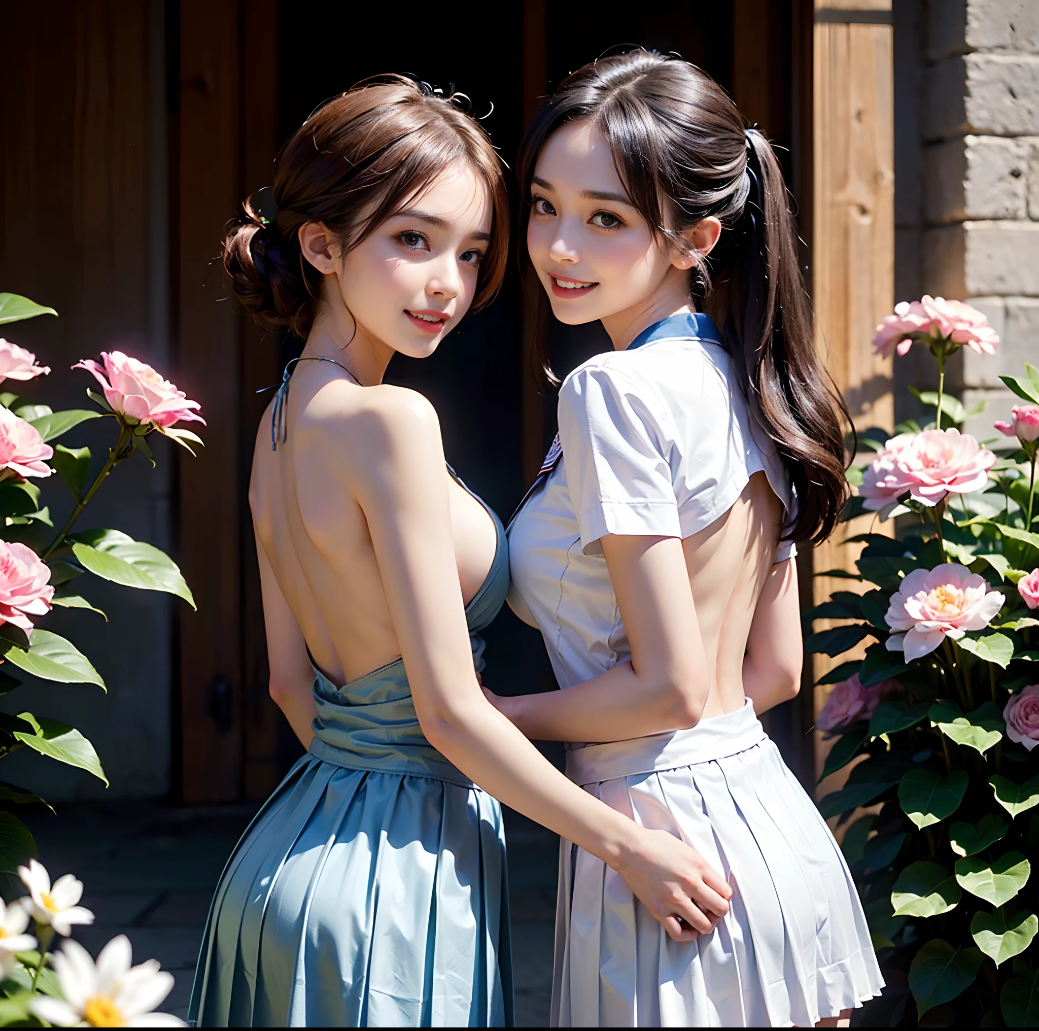 (top-quality)、 (masterpiece)、(Professional lighting with fewer shadows)、 (A hyper-realistic)、 (perfect anatomia)、 (In front of the camera、There are two women、Forward and backward、Crying Kuroko、That and bangs and forehead), ( Huge breasts), (Bright and even whitening skin without wrinkles and steps), (Beautiful blue eyes with long eyelashes and red tear bags)、 (Her outfit is worn only in a cramped sailor suit with a micro mini-length pleated skirt directly over her nakedness.:1.5), (Two people are surrounded by flowers, Face the front in front of the camera、stick out chest:1.5), (Another person on the other side、arcuatewith waist, Turn your back and expose your back buttocks:1.4), (One hand behind the head, A beautiful face is a beautiful smile with lowered eyebrows:1.5),